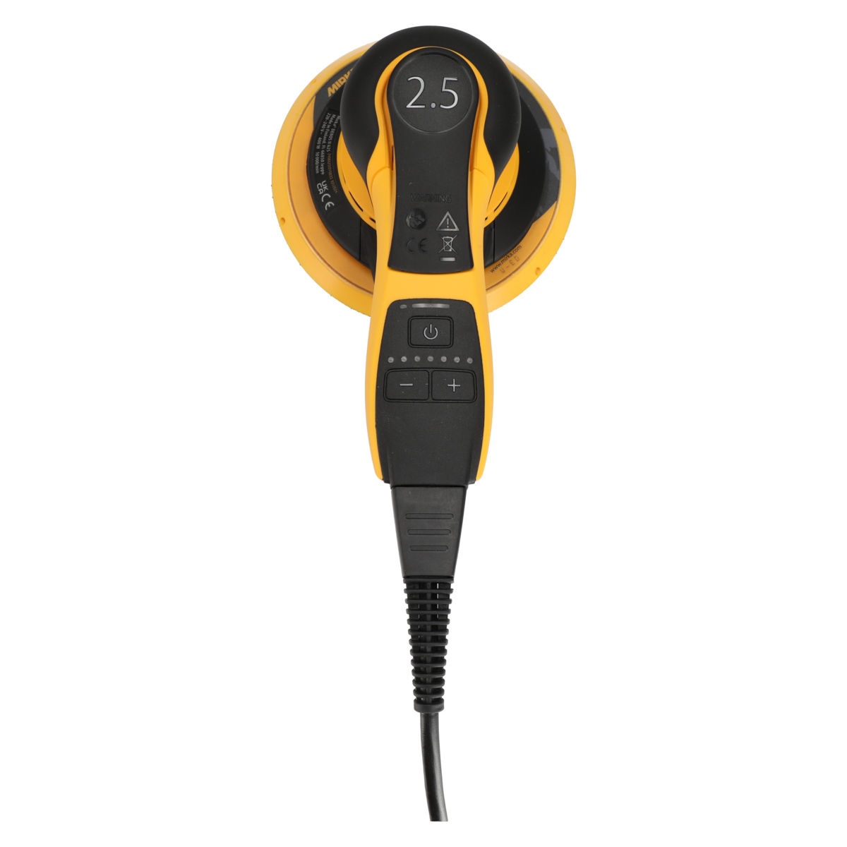 Mirka DEROS II 625X Electric Powered 6 Inch 2-1/2 mm Orbital Sander with Case top view showing LED speed indicators and control buttons for sanding adjustments
