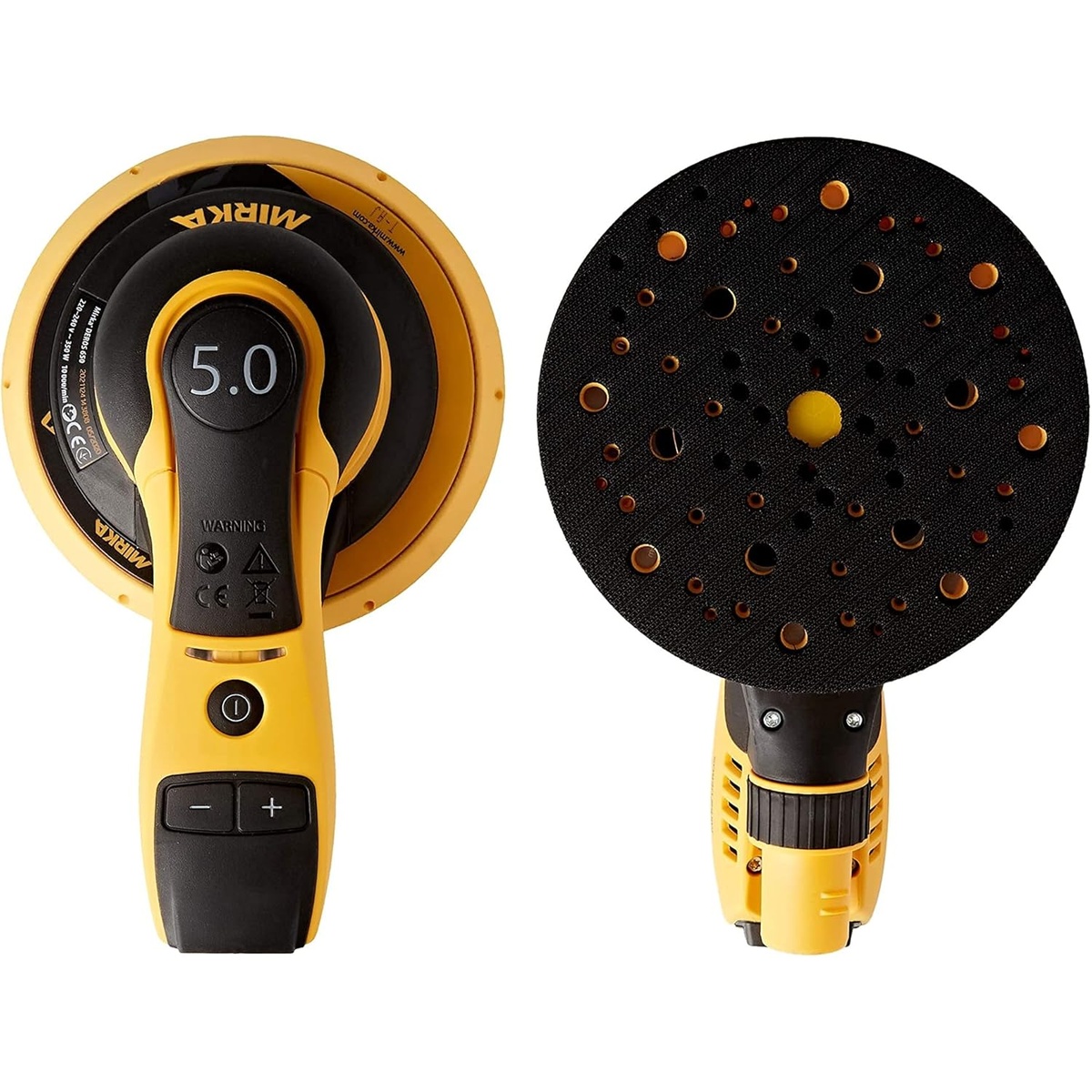 Mirka DEROS 650X CV 6 inch hook and loop pad and control surface detail showing 5.0mm orbit random orbital sander setup for finish sanding