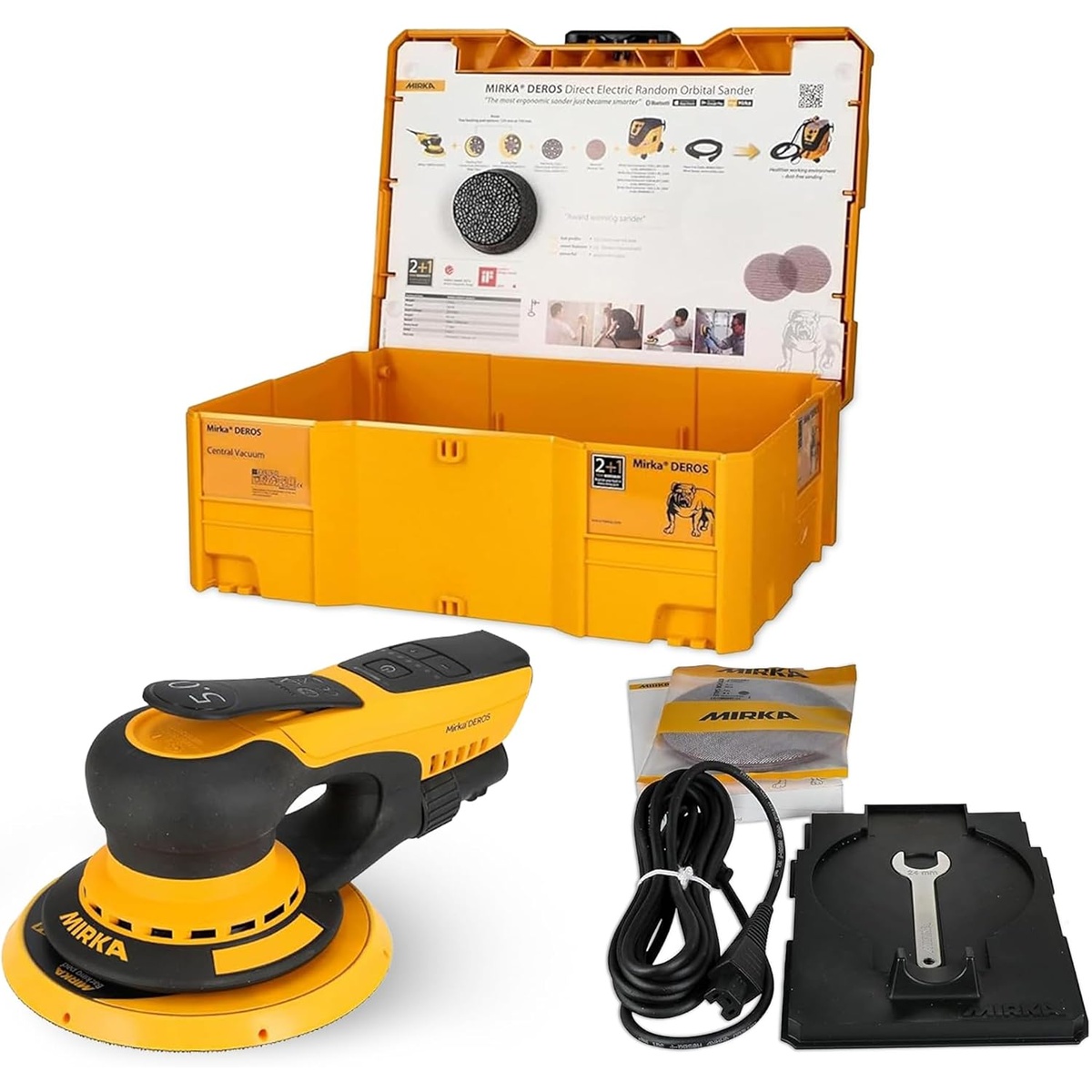 Mirka DEROS II 650 Dust-Free Sander with Case random orbital sander kit with 6 inch pad, storage case, cord, wrench, and abrasive sample for woodworking and finish sanding setup