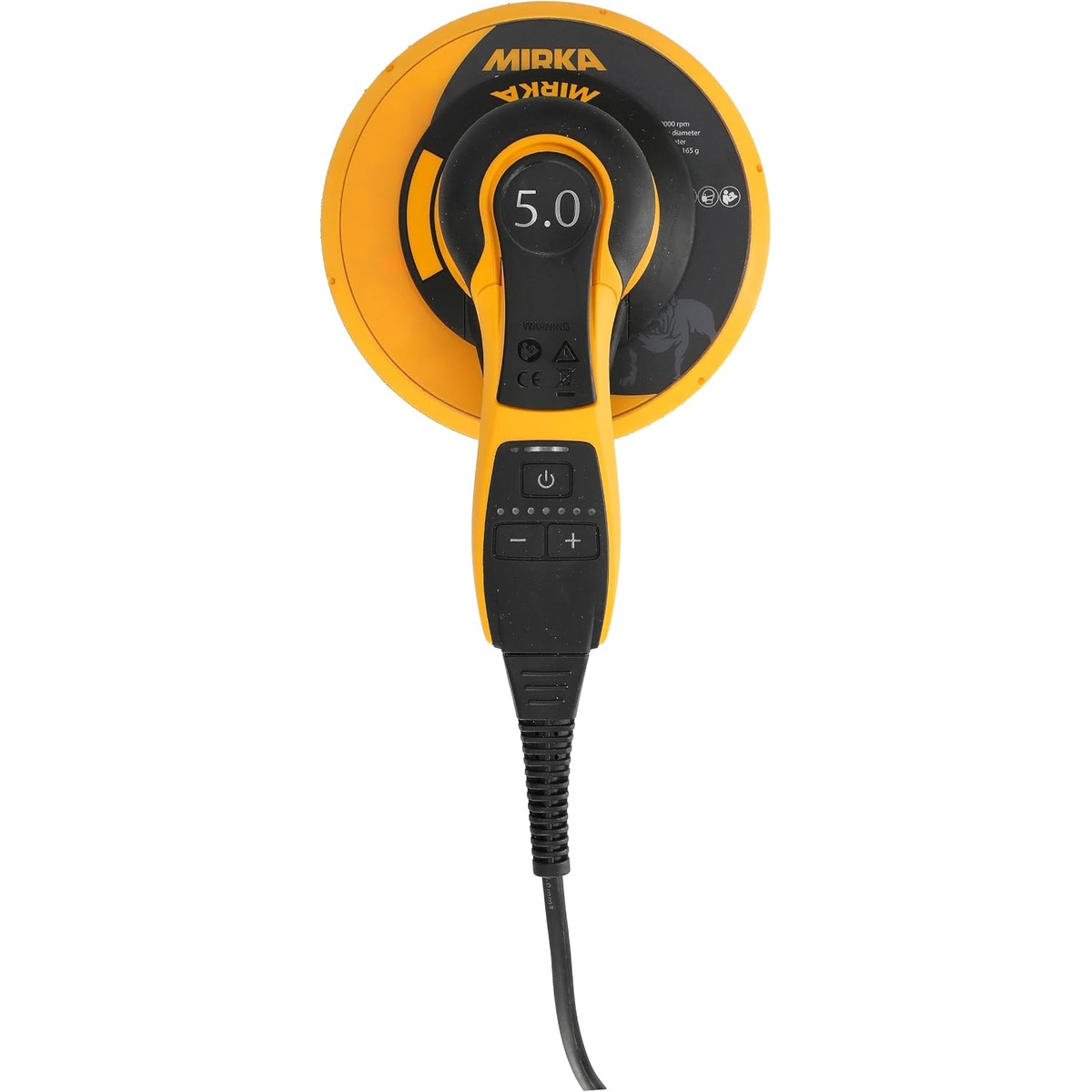 Mirka DEROS II 750X 7 in Random Orbital Sander top view showing speed controls and LED indicators for shop sanding adjustment