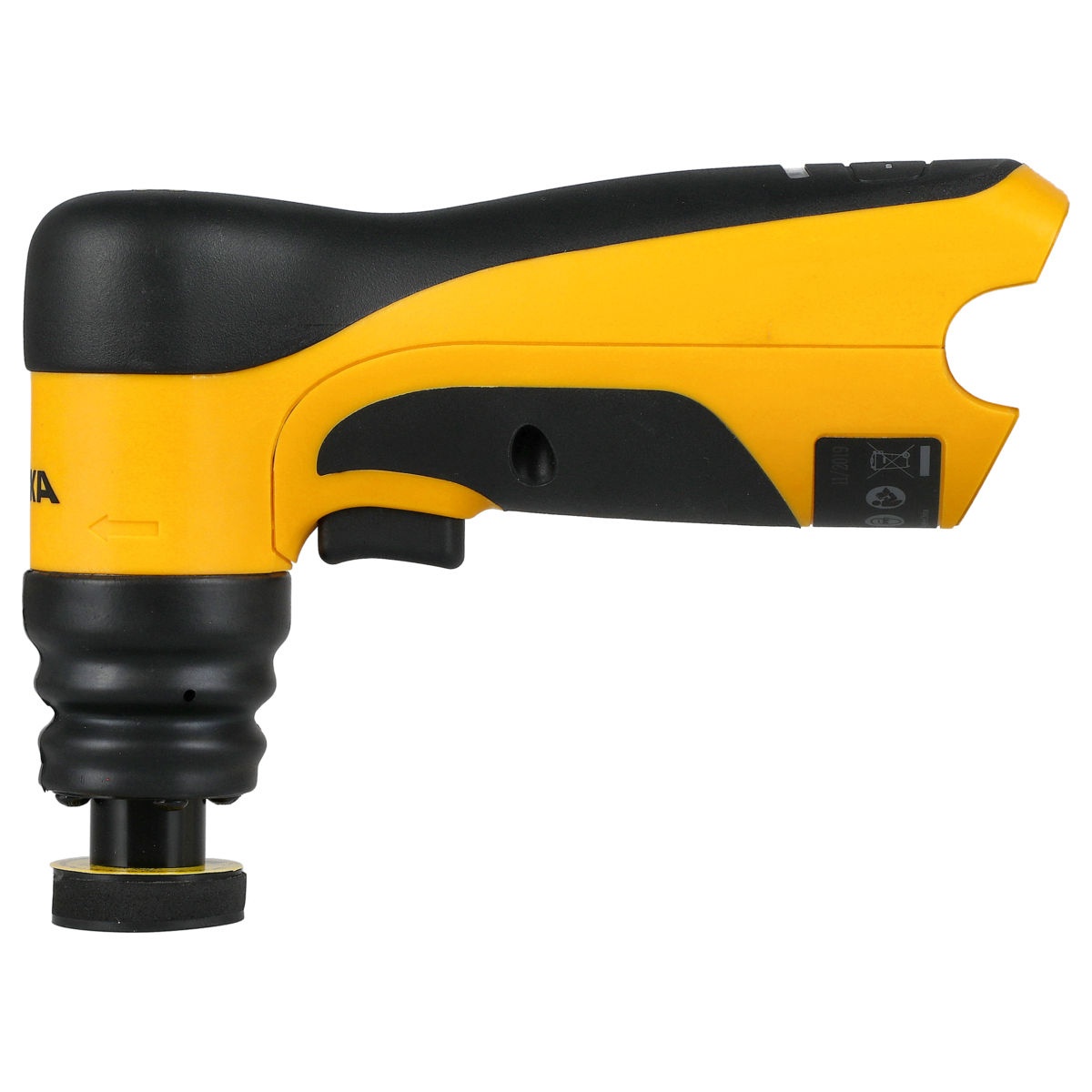 Mirka AOS130-B 1.25 inch angled orbital battery sander side profile showing cordless body design for mobile sanding and repair tasks