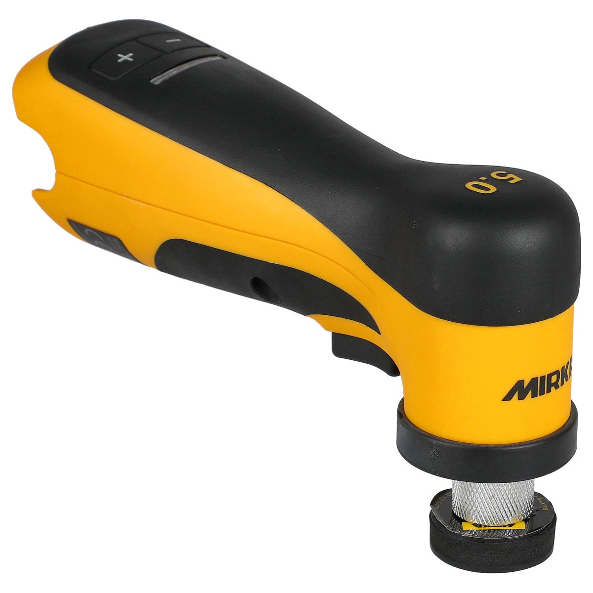 Mirka AROS150-B 1.25 inch angled random orbit sander positioned for detail sanding and spot repair work on small surface areas in a professional finishing environment