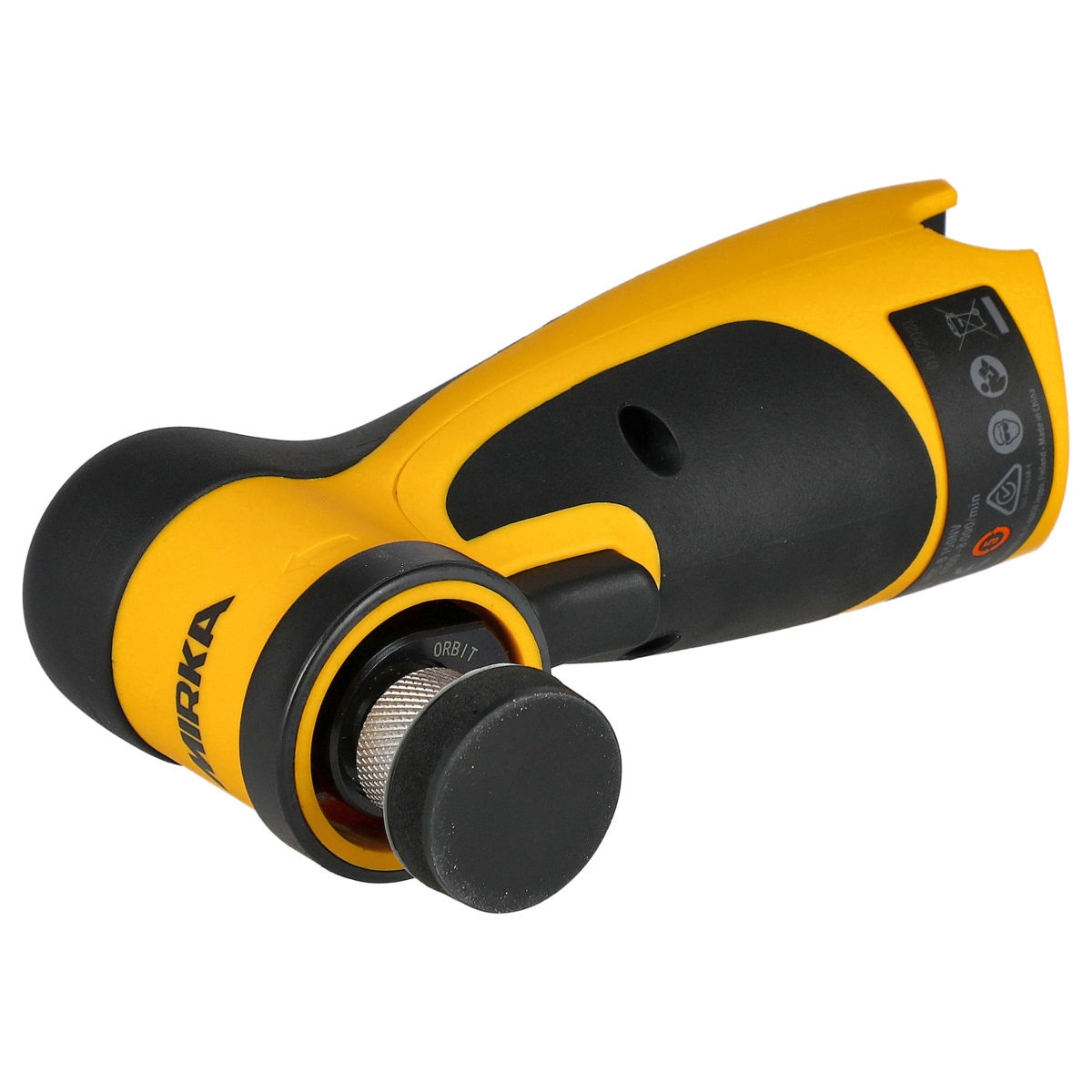 Mirka AROS150-B angled battery sander close view of sanding head and grip area for precision spot refinishing and controlled access on detailed surfaces