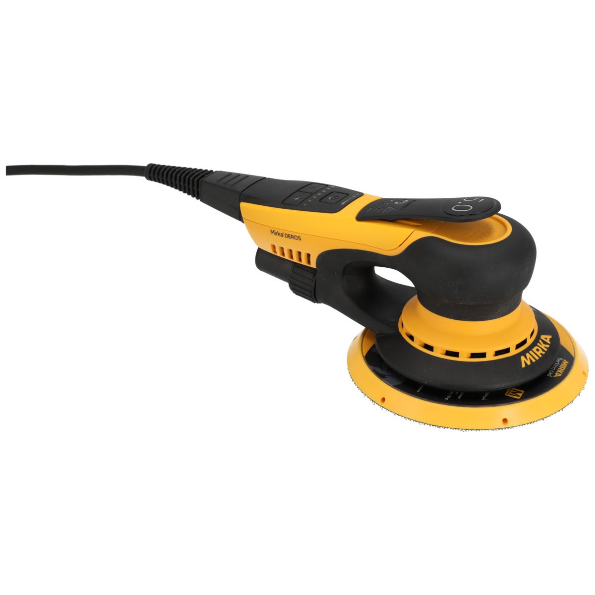 Mirka DEROS II 650X Electric Powered 6 Inch 5mm Orbital Sander angled side view showing low-profile body and 6 inch pad for woodworking and automotive surface prep in shop use
