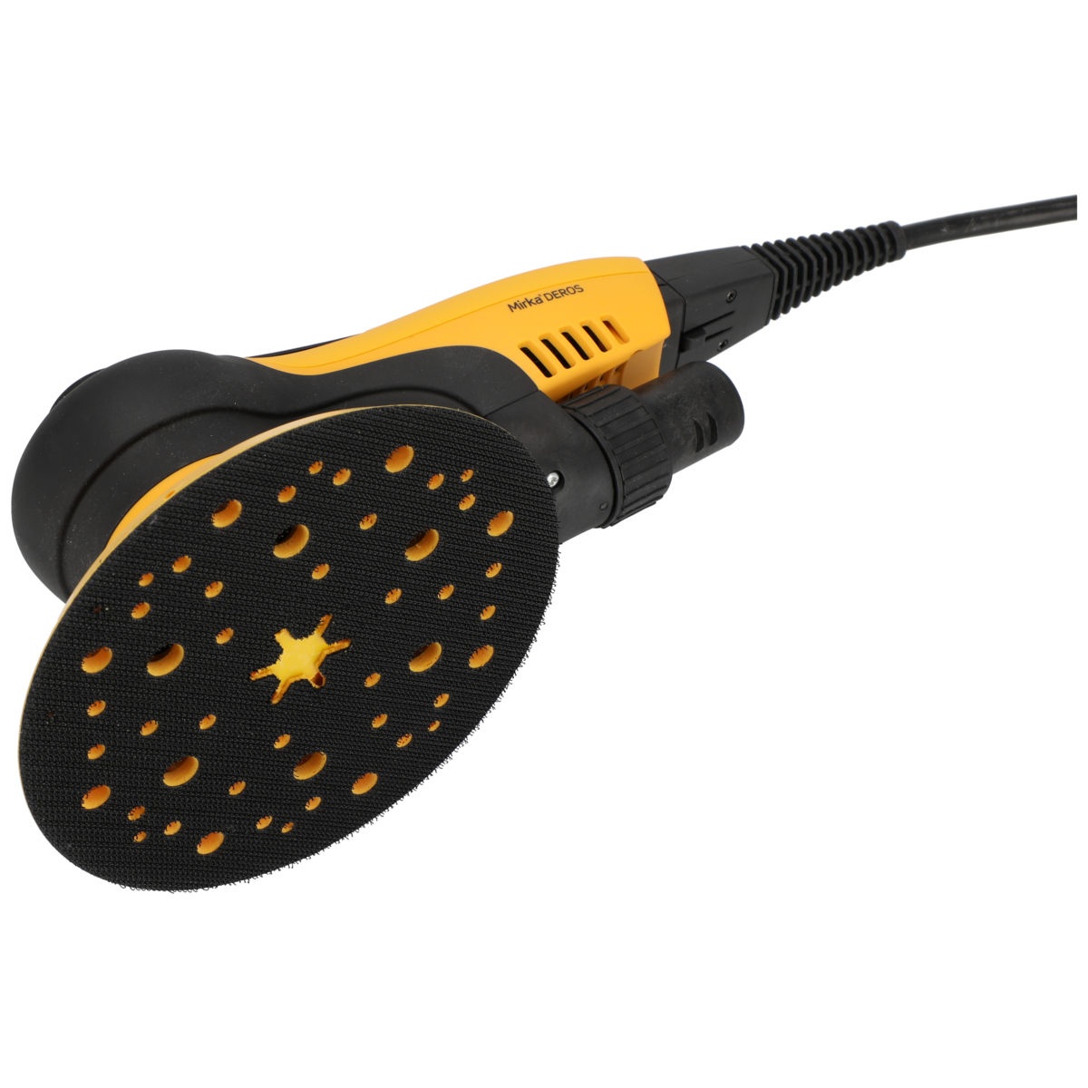 Mirka DEROS II 650X Electric Powered 6 Inch 5mm Orbital Sander bottom view showing 6 inch hook and loop backing pad for sanding wood filler drywall and painted surfaces