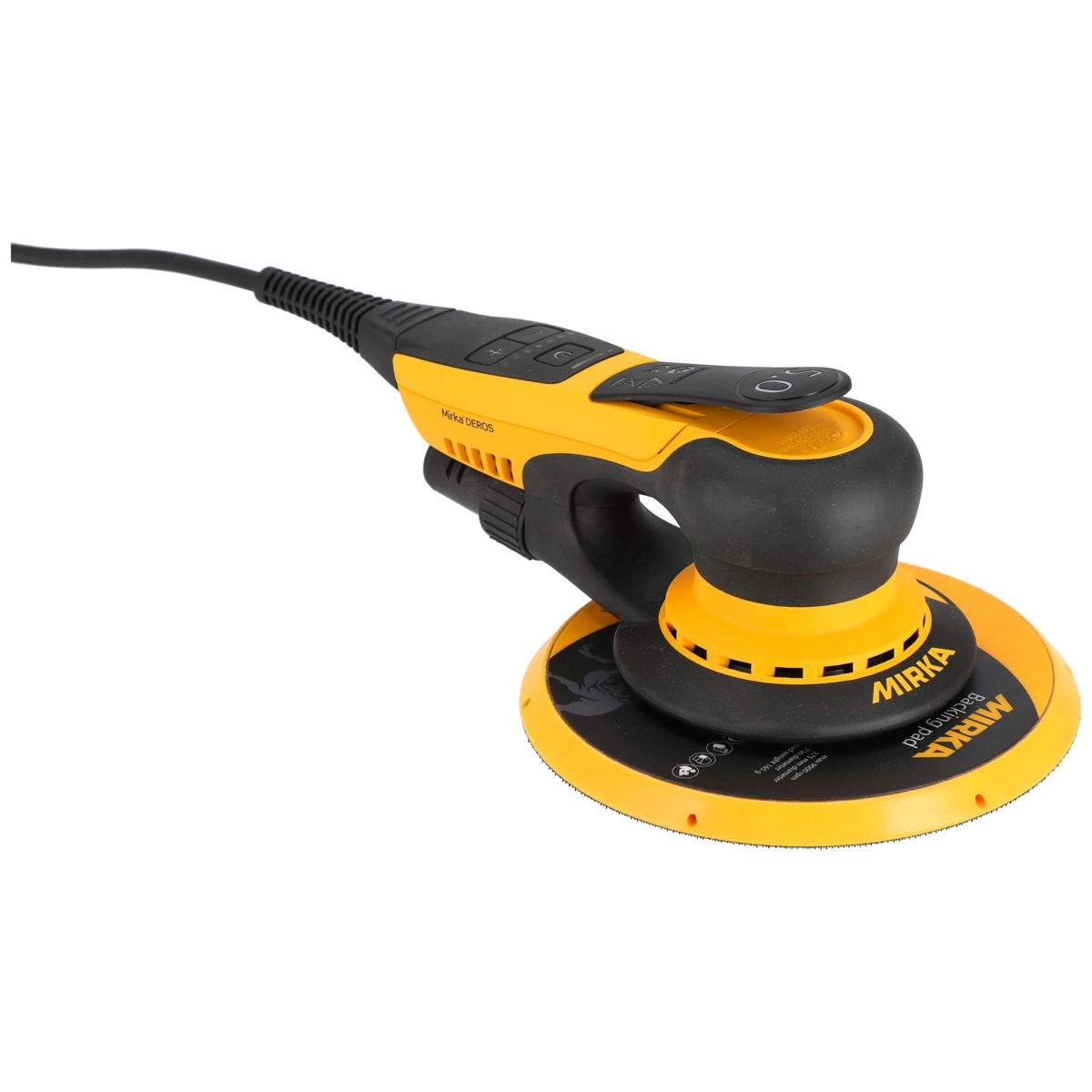 Mirka DEROS II 750X random orbital sander product view with 7 inch pad and corded body for dust-free sanding setups in woodworking and finishing