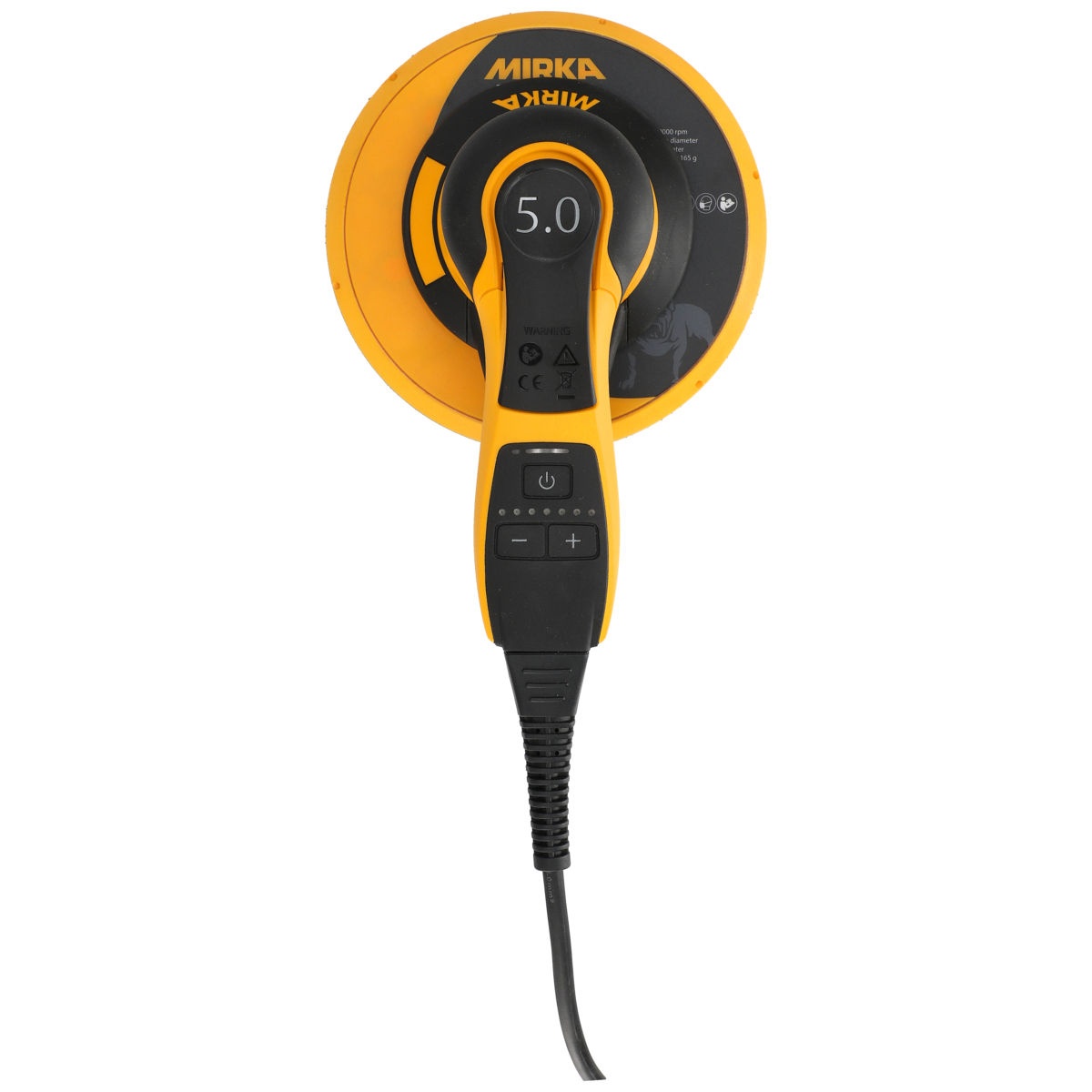 Mirka DEROS II 750X random orbital sander top view showing low-profile body, power switch, and speed controls for shop sanding work
