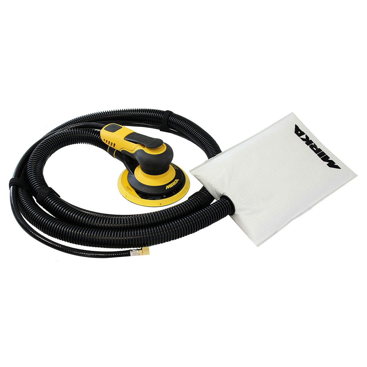 Mirka MRP-550SGV PROS Sander 5 inch with 5 mm Orbit 550DB connected to hose and fleece dust bag for dust-controlled sanding in a shop work area