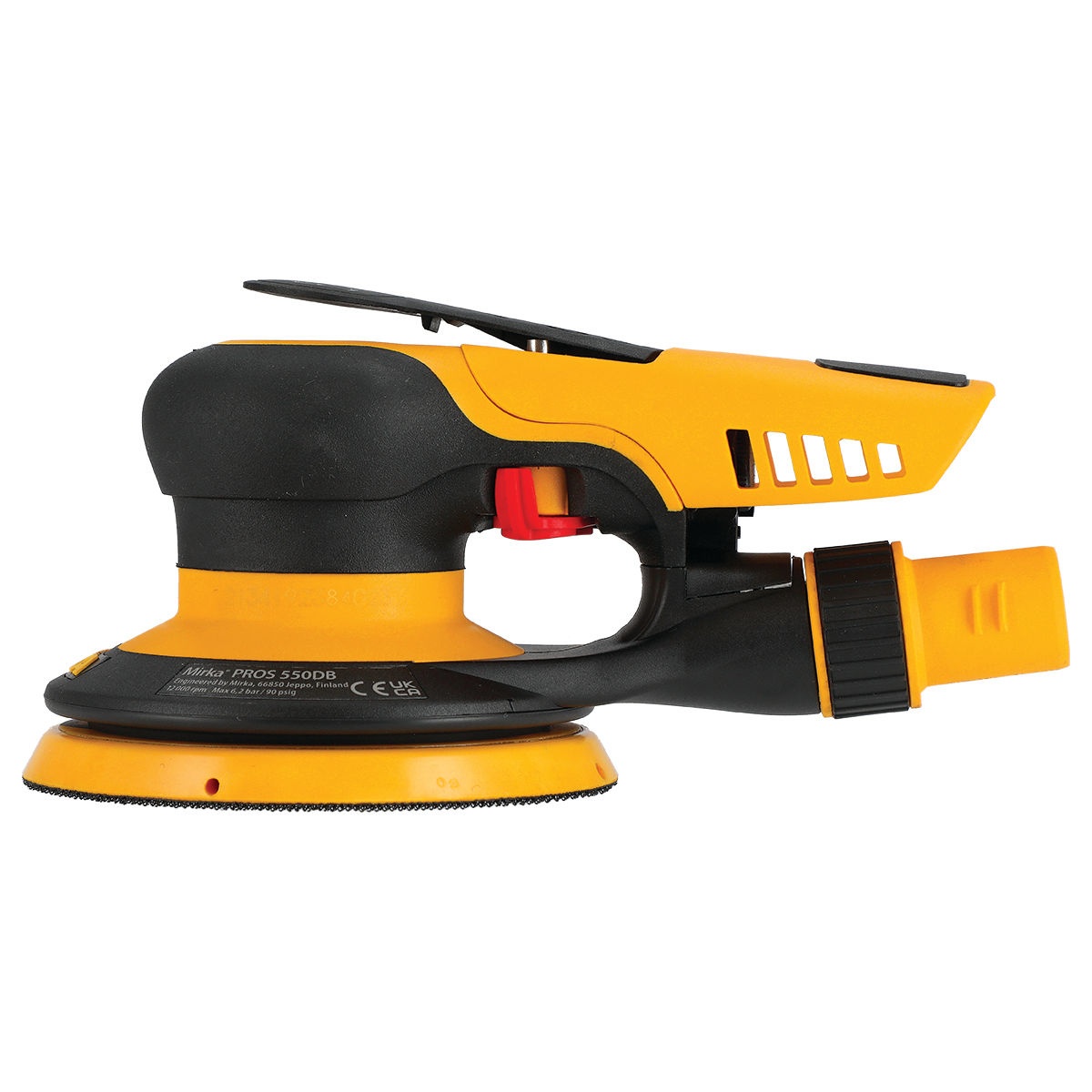Mirka MRP-550SGV PROS Sander 5 inch with 5 mm Orbit 550DB showing air connection and body profile for professional shop sanding applications