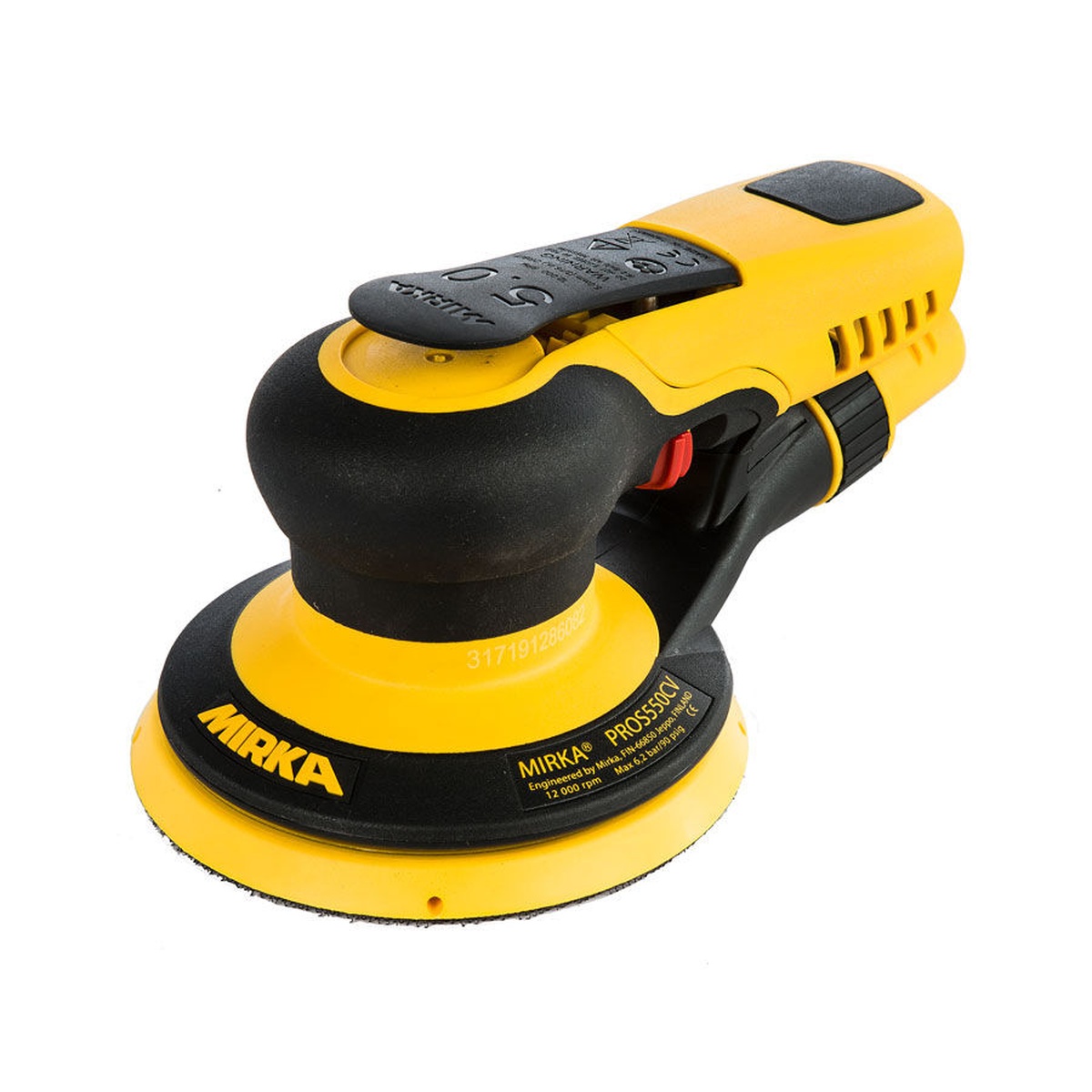Mirka PROS Pneumatic Central Vacuum 5 Inch 8mm Orbital Sander MRP-580CV product view showing the 5 inch sanding pad and compact body for shop finishing and surface prep work
