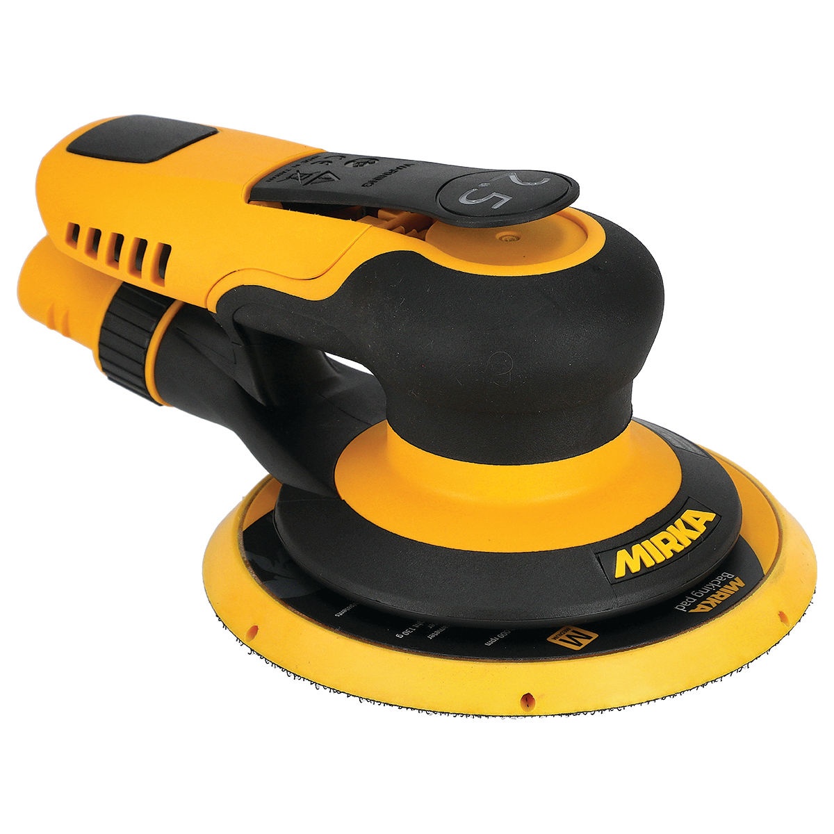 Mirka PROS 625CV Pneumatic Random Orbital Sander angled view showing compact body and hand position for extended sanding sessions in body shop and woodworking applications
