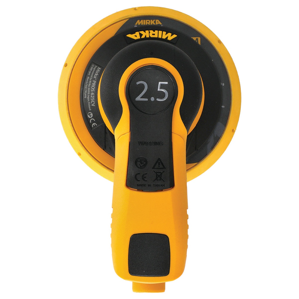Mirka PROS 625CV Pneumatic Random Orbital Sander top view highlighting the 2.5 mm orbit marking for precision finish sanding in professional shop work