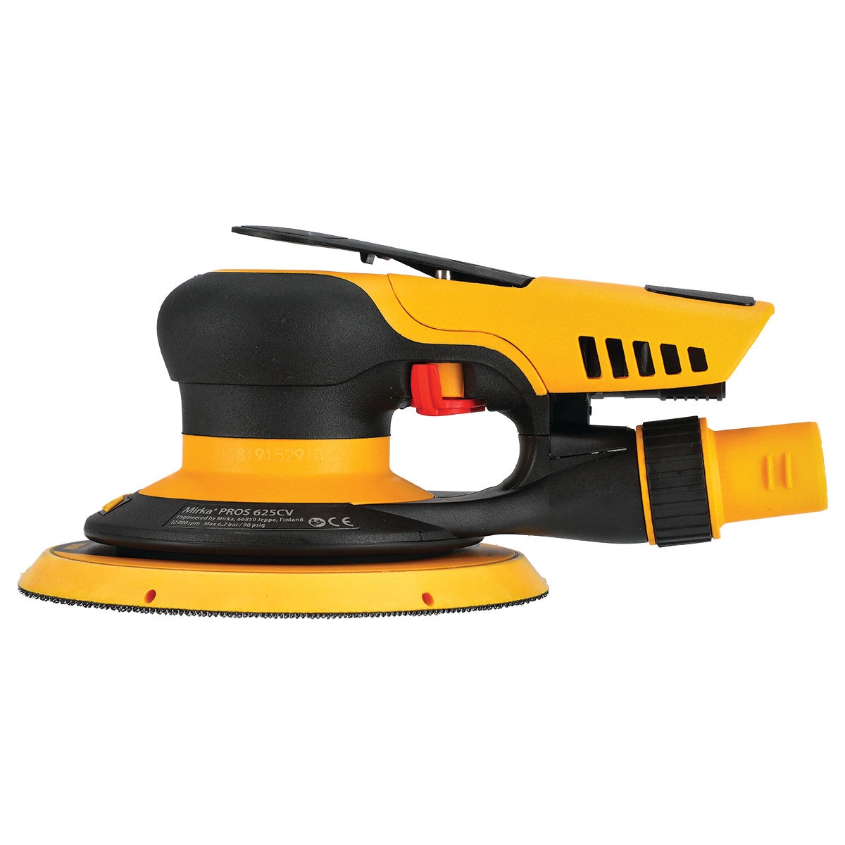Mirka PROS 625CV Pneumatic Random Orbital Sander showing the 6 inch sanding pad and multi-hole pattern for dust-controlled sanding in automotive refinishing and woodworking finish work
