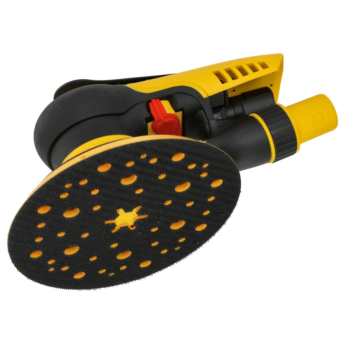 Mirka PROS 650CV pneumatic random orbital sander pad detail showing multi-hole 6 inch backing pad for efficient finishing and dust extraction