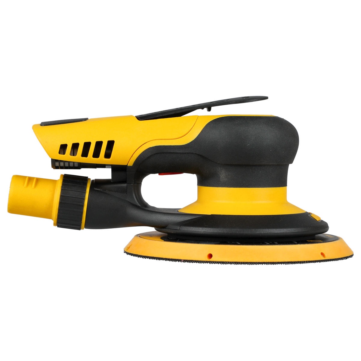Mirka PROS 650CV pneumatic random orbital sander side profile for controlled one-hand sanding during extended surface preparation work