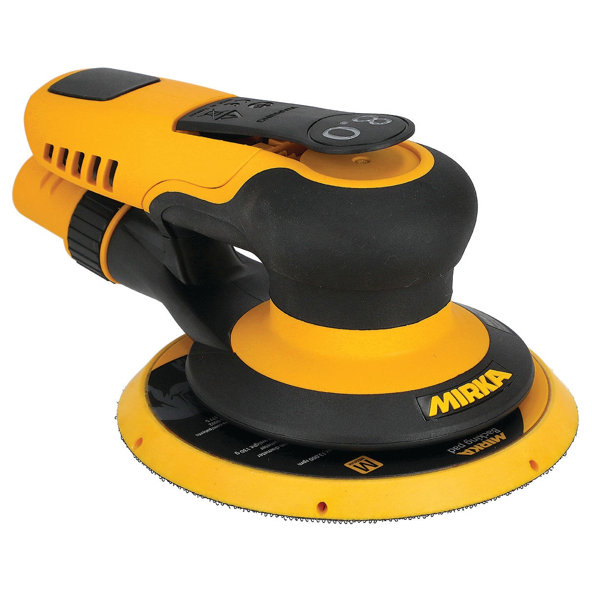Mirka PROS Pneumatic Central Vacuum 6 Inch 8mm Orbital Sander ready for large surface sanding and finishing work in a shop environment