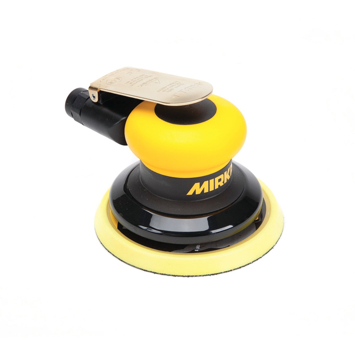 Mirka 5 Inch Pneumatic Non-Vacuum Finishing Sander with 2.5 mm Orbit on a clean shop surface with 5 inch backup pad installed for fine finishing and surface prep work
