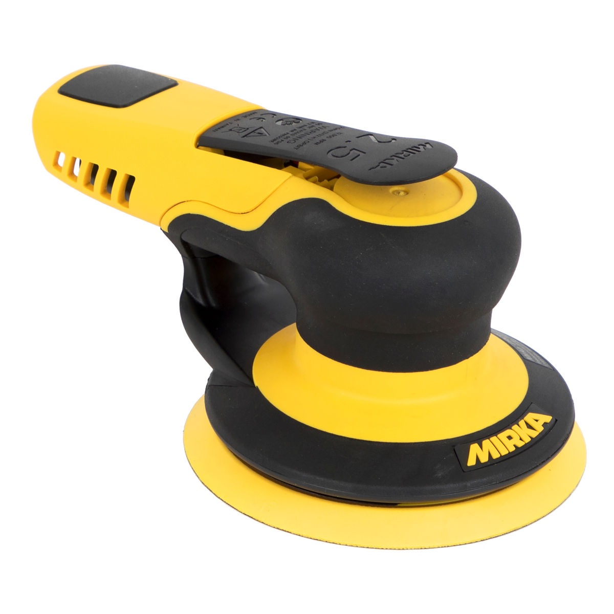 Mirka PROS 525NV 5 in. 2.5 mm pneumatic random orbital sander on a shop-ready background for fine sanding and finishing work
