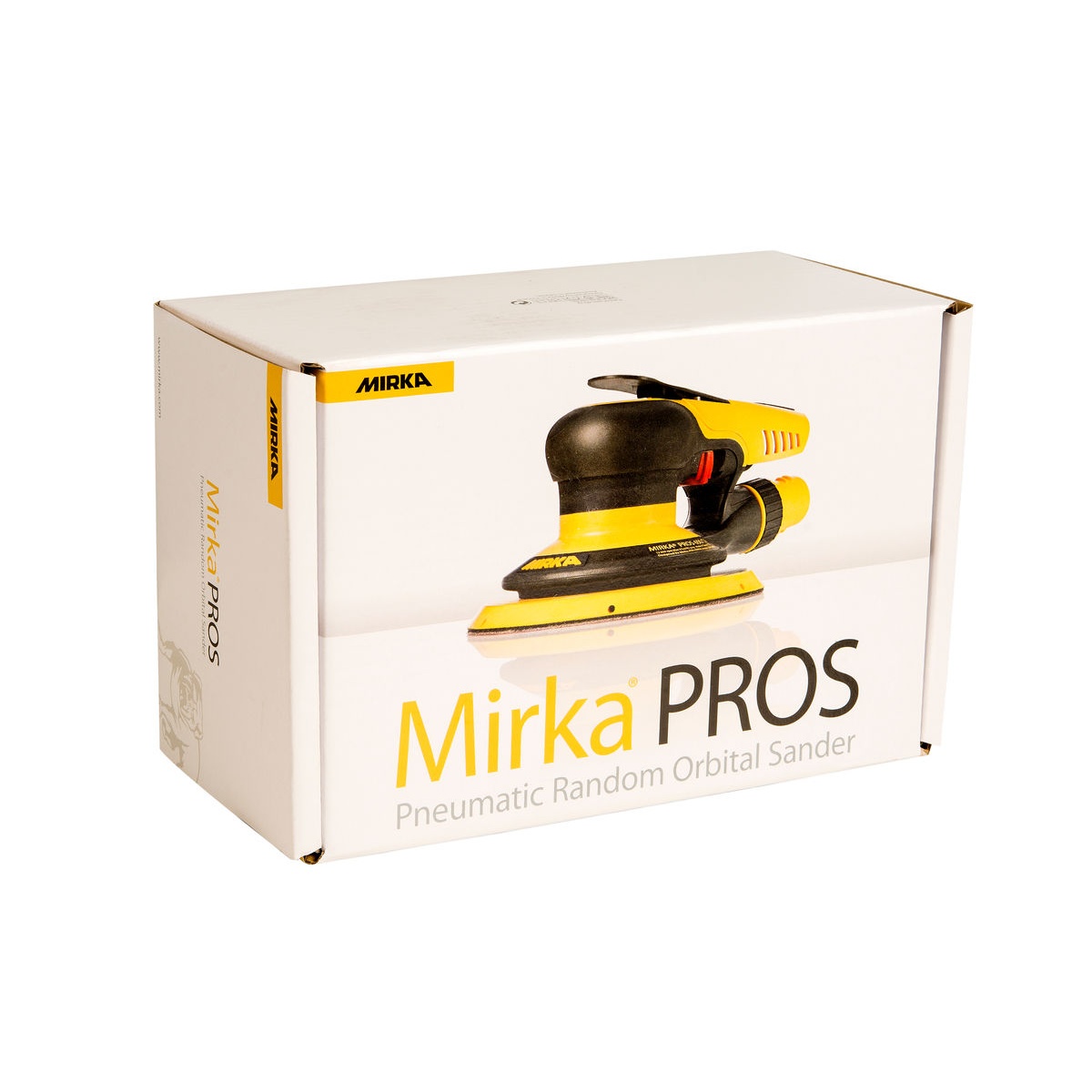 Mirka PROS 525NV pneumatic random orbital sander retail package for professional shop sanding and finishing setup