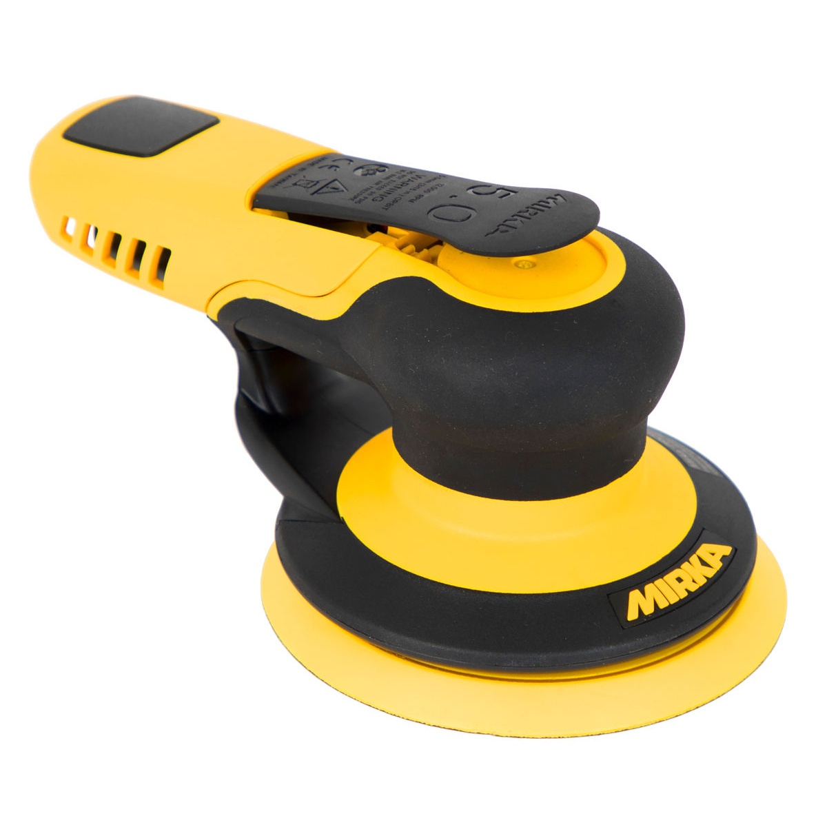 Mirka PROS 550NV Pneumatic Random Orbital Sander with 5 inch pad set up for professional sanding on wood, filler, or painted surfaces in a shop environment