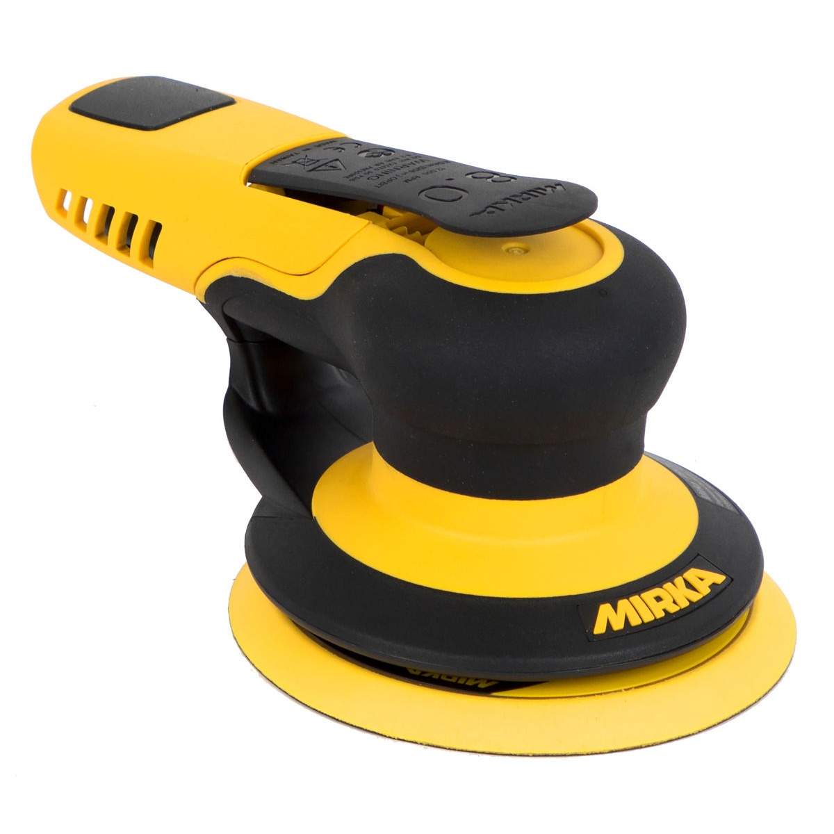 Mirka PROS Pneumatic Non-Vacuum 5 Inch 8mm Orbital Sander with 5 inch pad for surface prep and finishing in a workshop setting