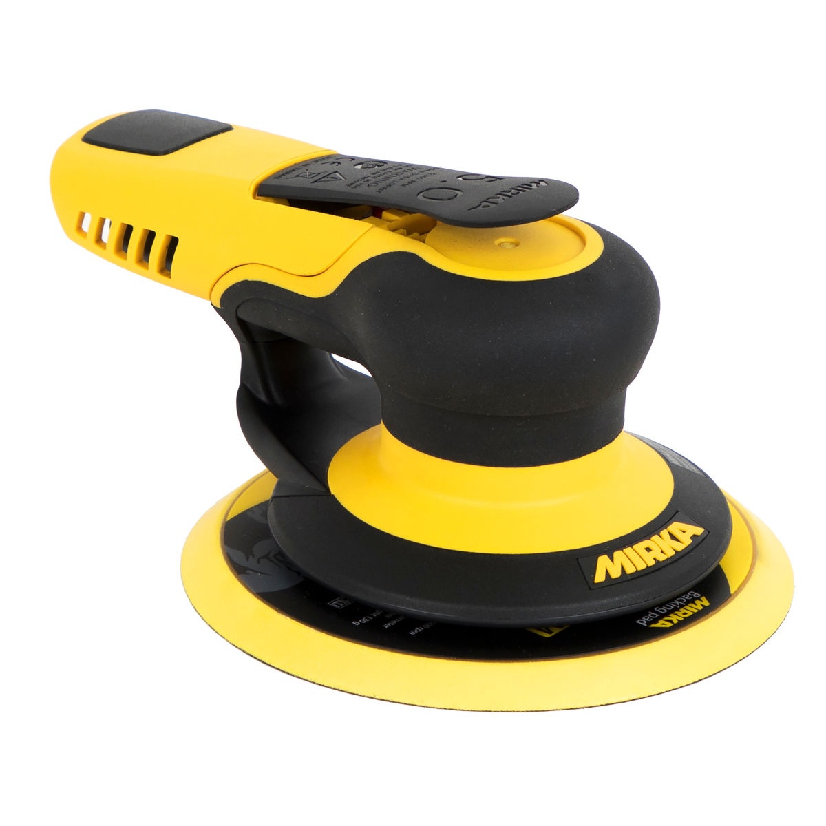 Mirka PROS Pneumatic Non-Vacuum 6 Inch 8mm Orbital Sander product view showing the 6 inch sanding pad and compact air-powered body for professional surface preparation work