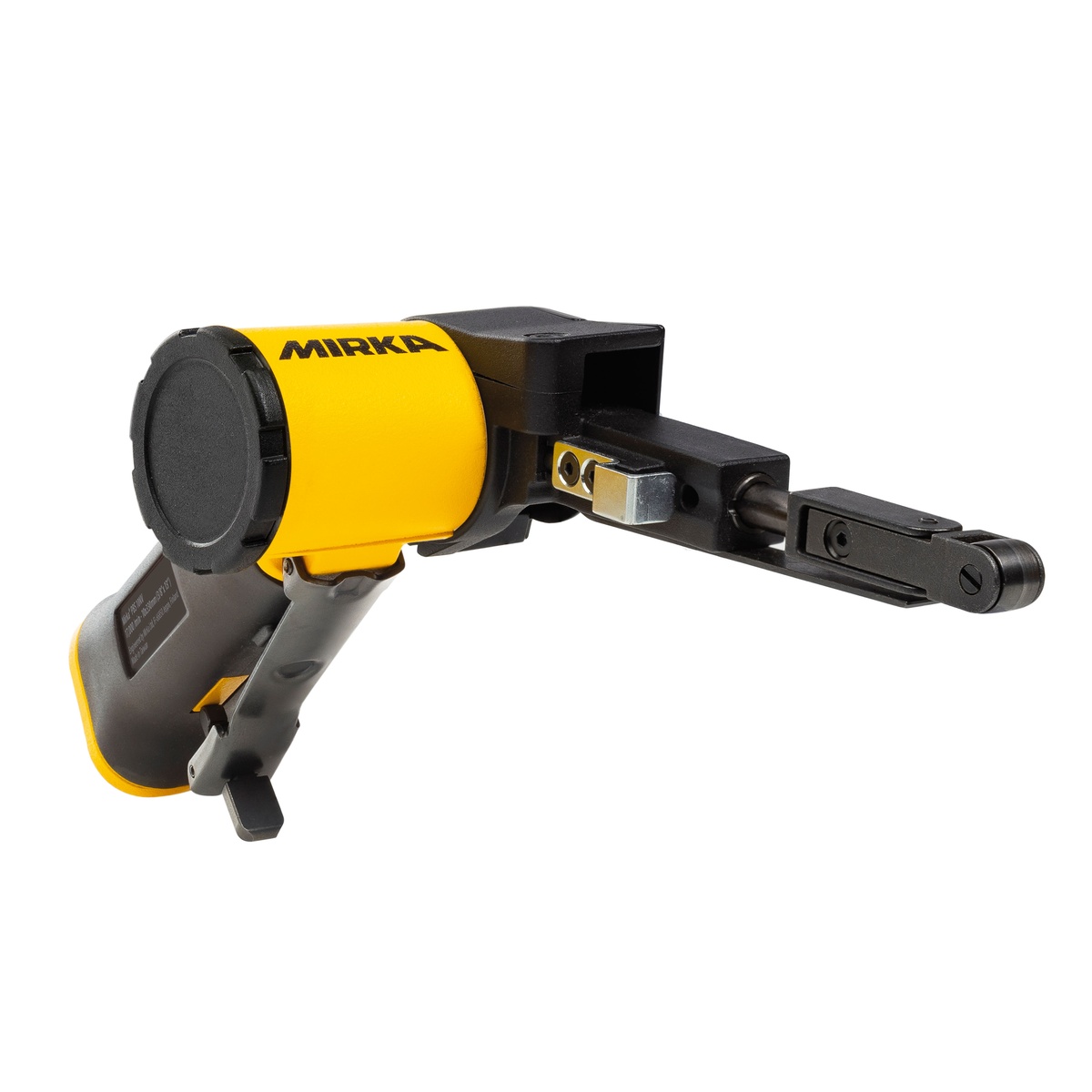 Mirka PBS-10330 Pneumatic Belt Sander close-up showing the narrow belt arm and belt change area for metal sanding work