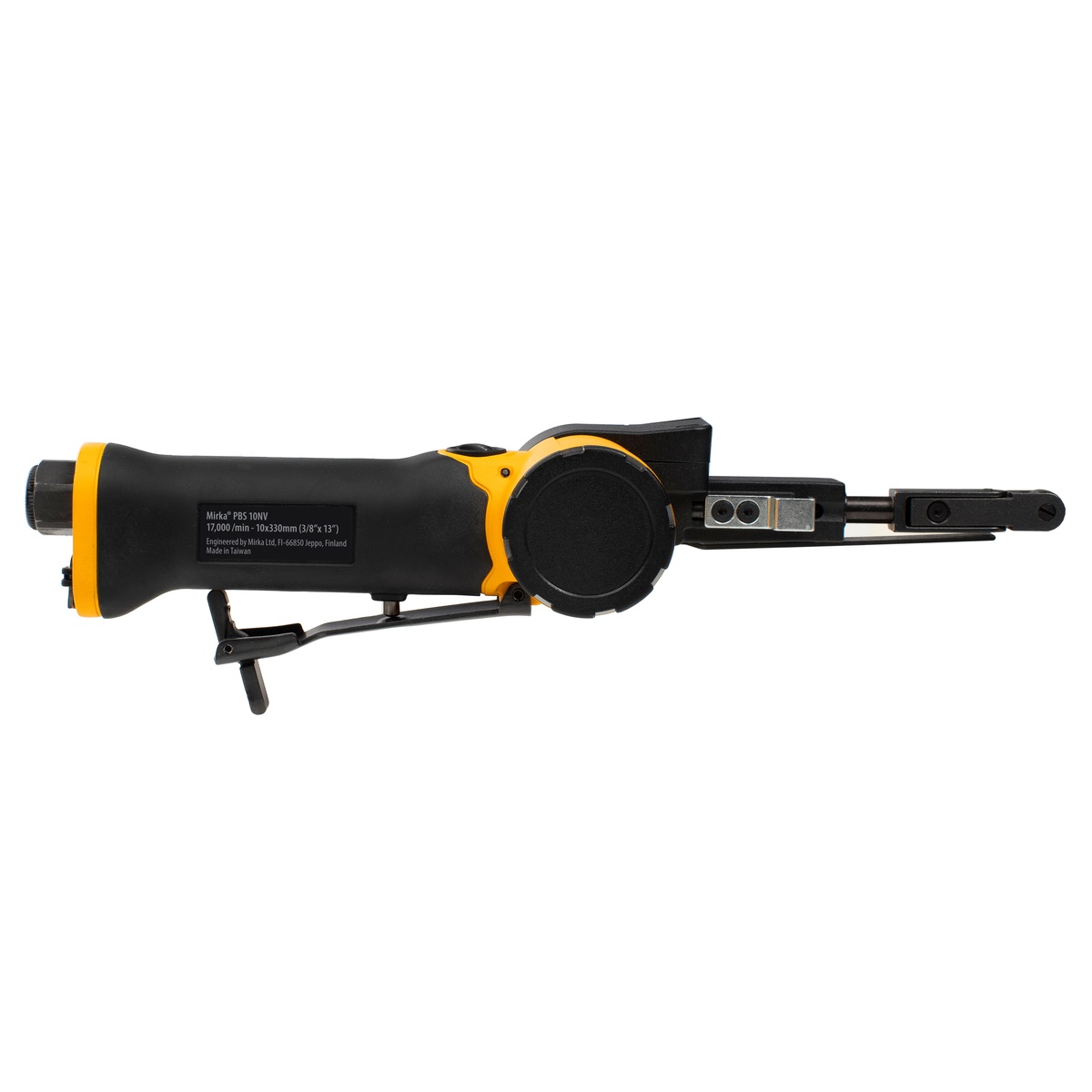 Mirka PBS-10330 Pneumatic Belt Sander side profile showing the compact body and narrow sanding arm for shop metal finishing tasks