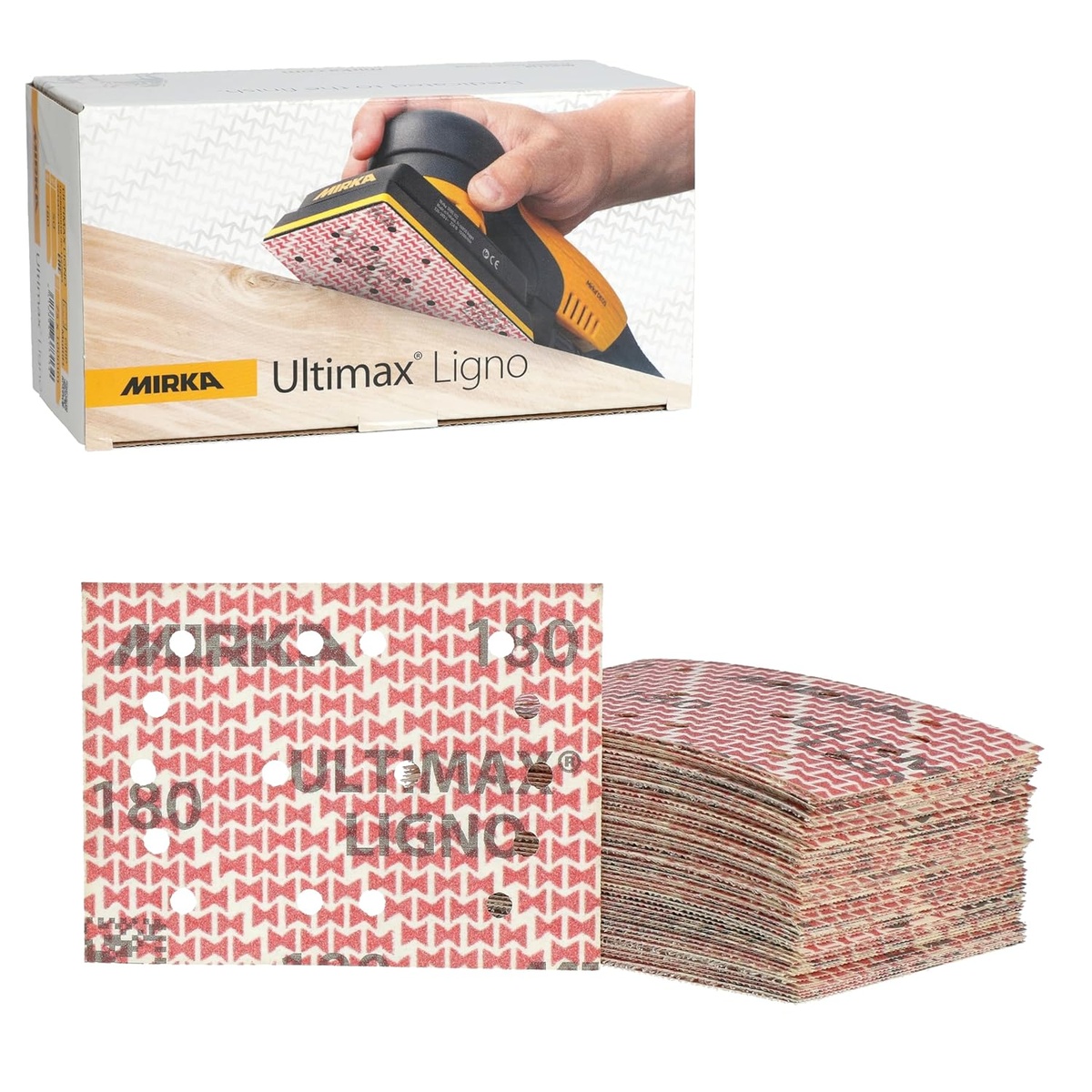 Mirka Ultimax Ligno 3 x 4 in P180 sanding sheets with packaging and stacked sheets for woodworking sanding on palm sanders and sanding blocks