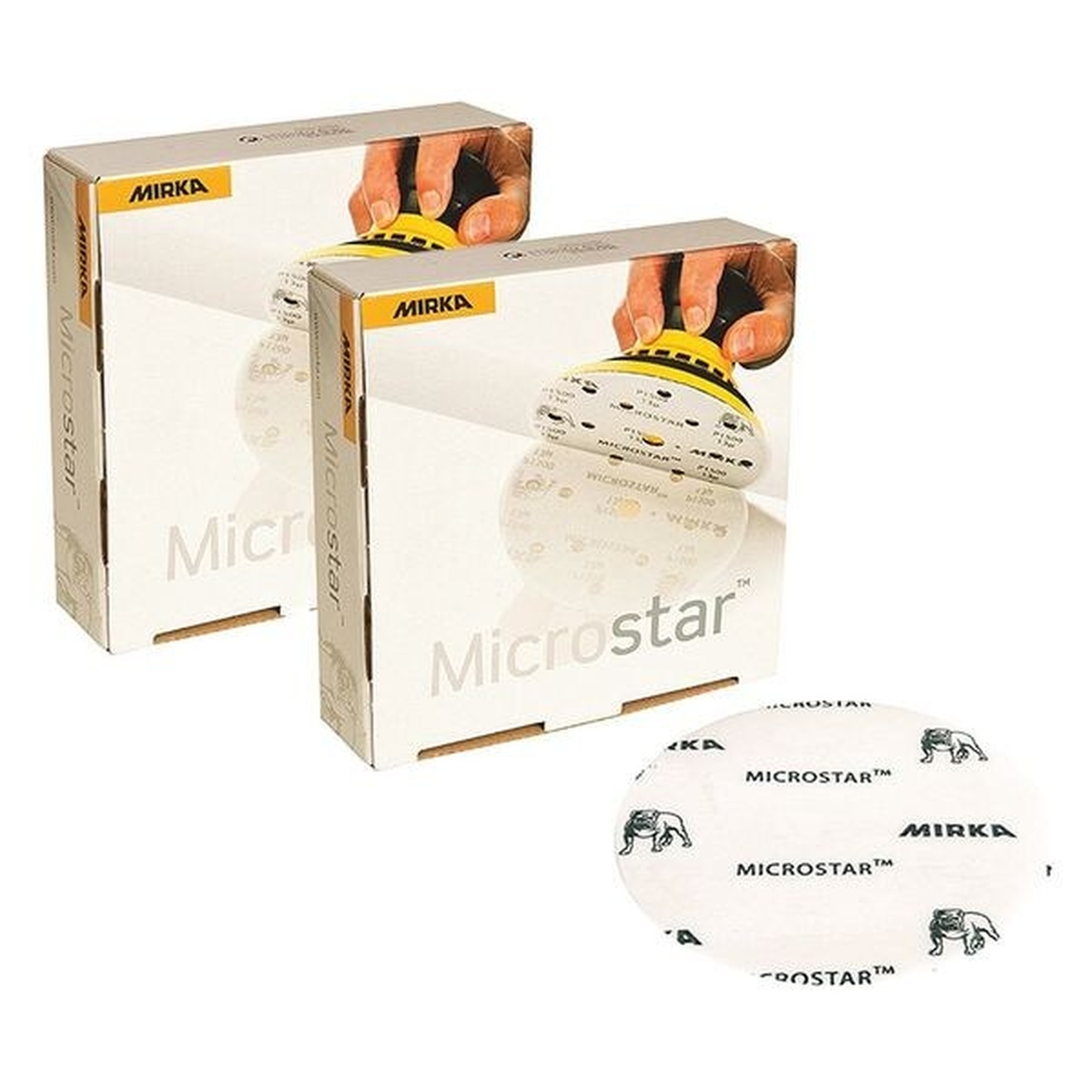 Mirka FM-612-1200 Film-Backed Grip Disc boxes and 5-inch sanding disc for fine surface sanding and finish preparation in shop work