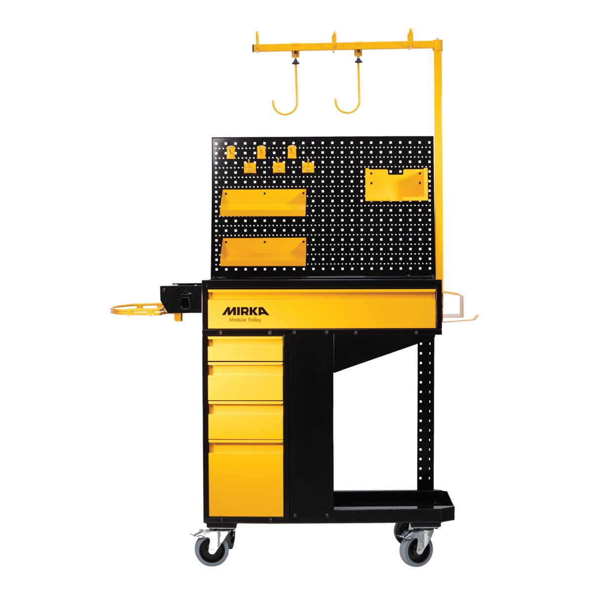 Mirka Modular Trolley Pro Model mobile body shop workstation with drawers, tool board, hose arm, and caster base for collision repair and finishing work