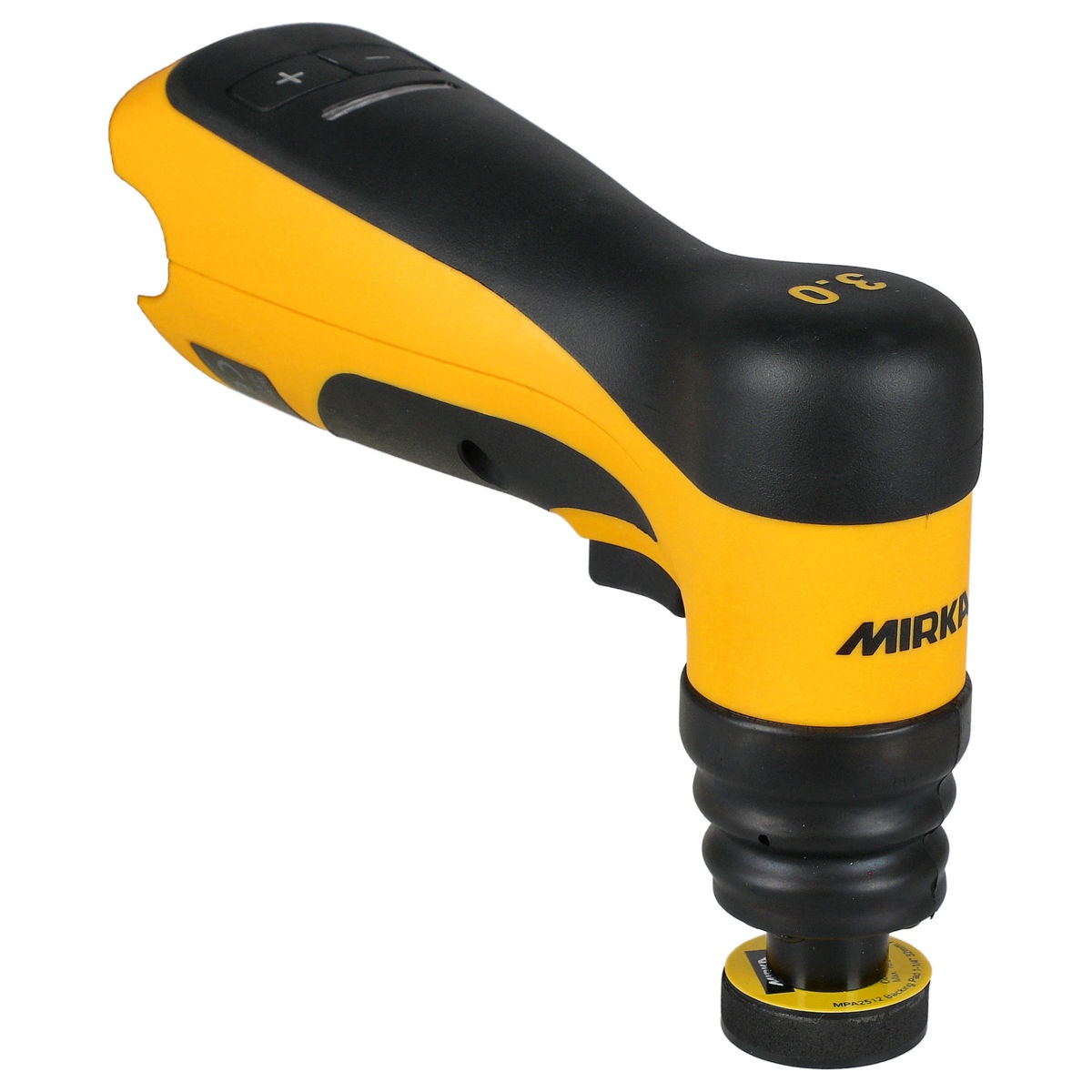 Mirka AOS130-B 1.25 inch angled orbital battery sander with 3mm orbit configured for detail sanding and spot repair work in tight surface prep areas