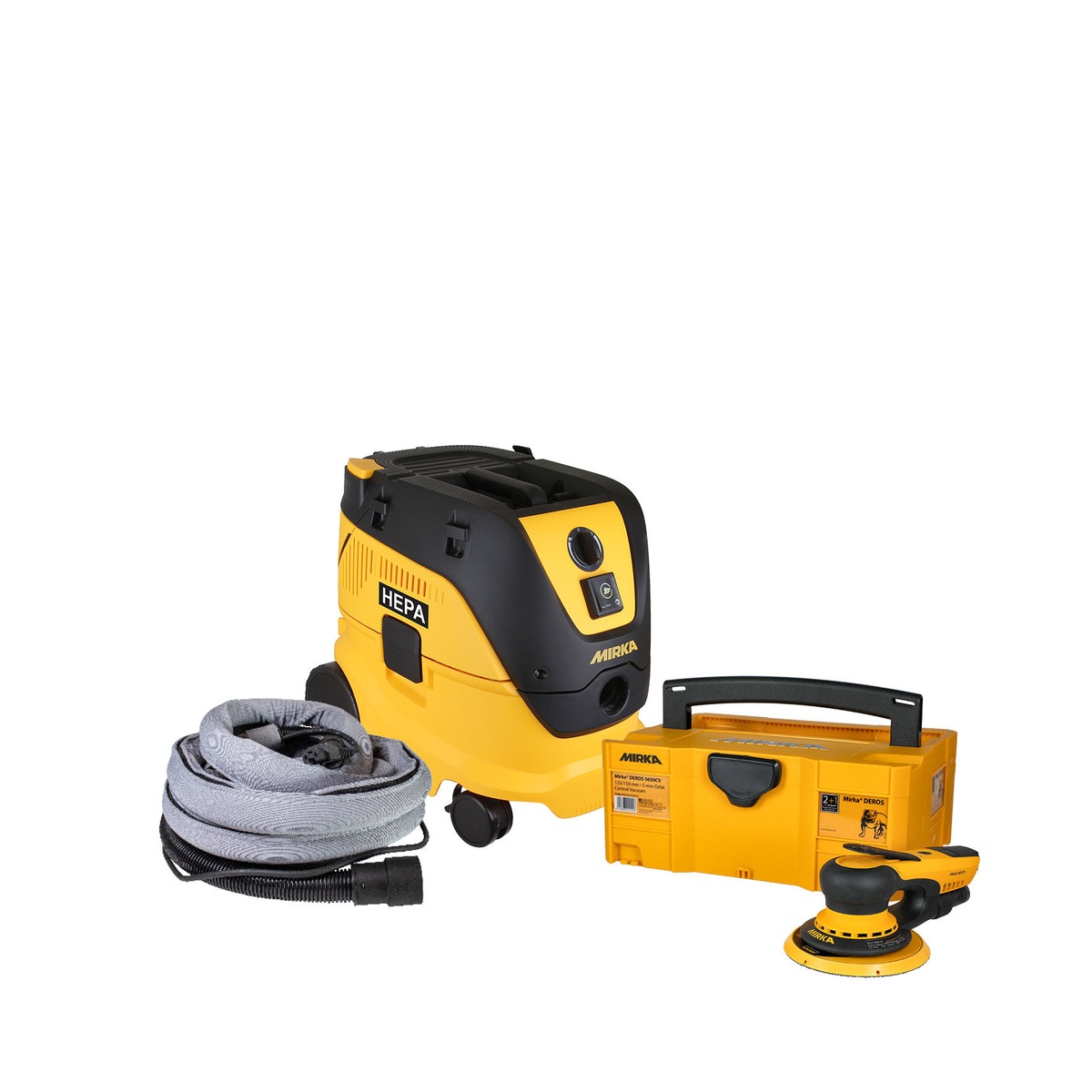 Mirka 6 inch Dust-Free Basic System electric sanding kit with DEROS sander, hose, extractor, and case for clean surface prep in a workshop or jobsite setting