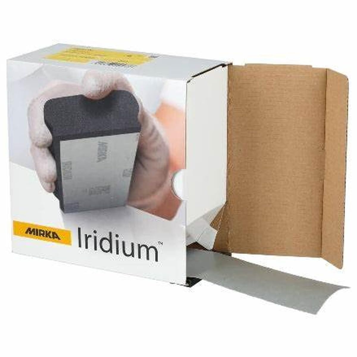 Mirka Abrasives Iridium 24-584-180 abrasive roll dispenser box with cut-to-length sanding material for hand sanding and surface preparation in a workshop setting