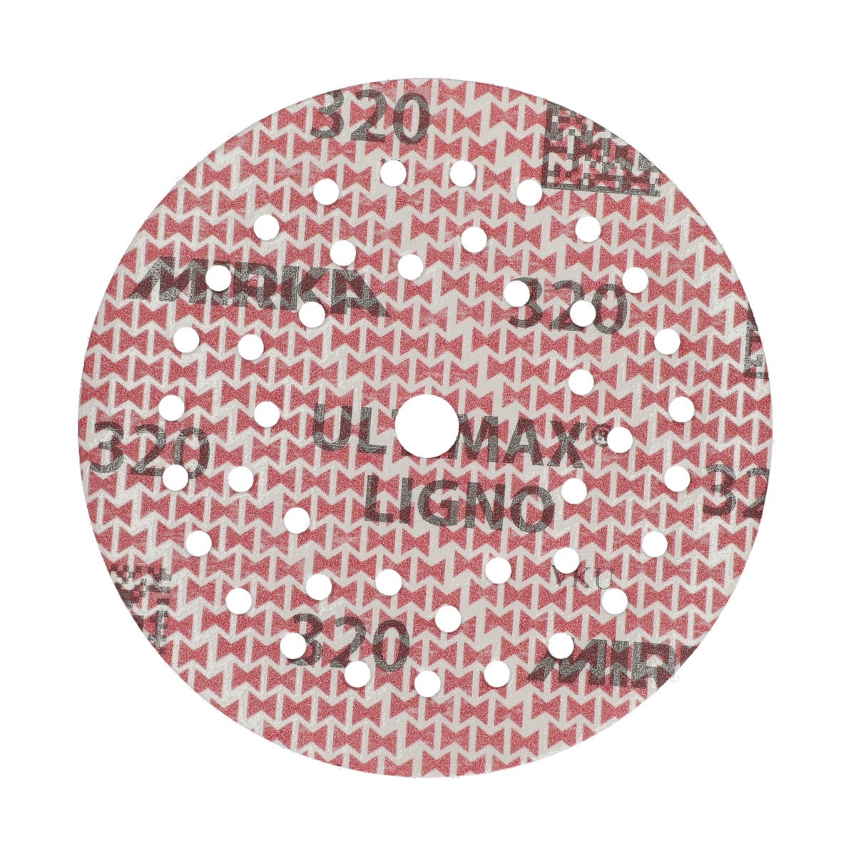 Mirka Ultimax Ligno 5 Inch Multifit Grip Discs sanding disc front side with Multifit extraction hole pattern for wood sanding on orbital sanders