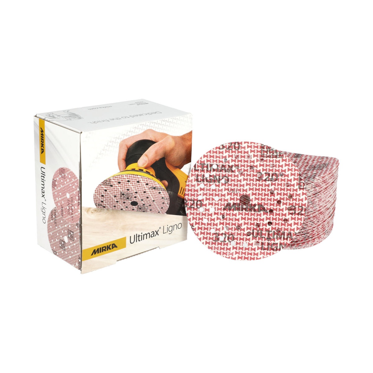 Mirka Ultimax Ligno 5 Inch Multifit Grip Discs box and disc pack for woodworking shop sanding and orbital sander use