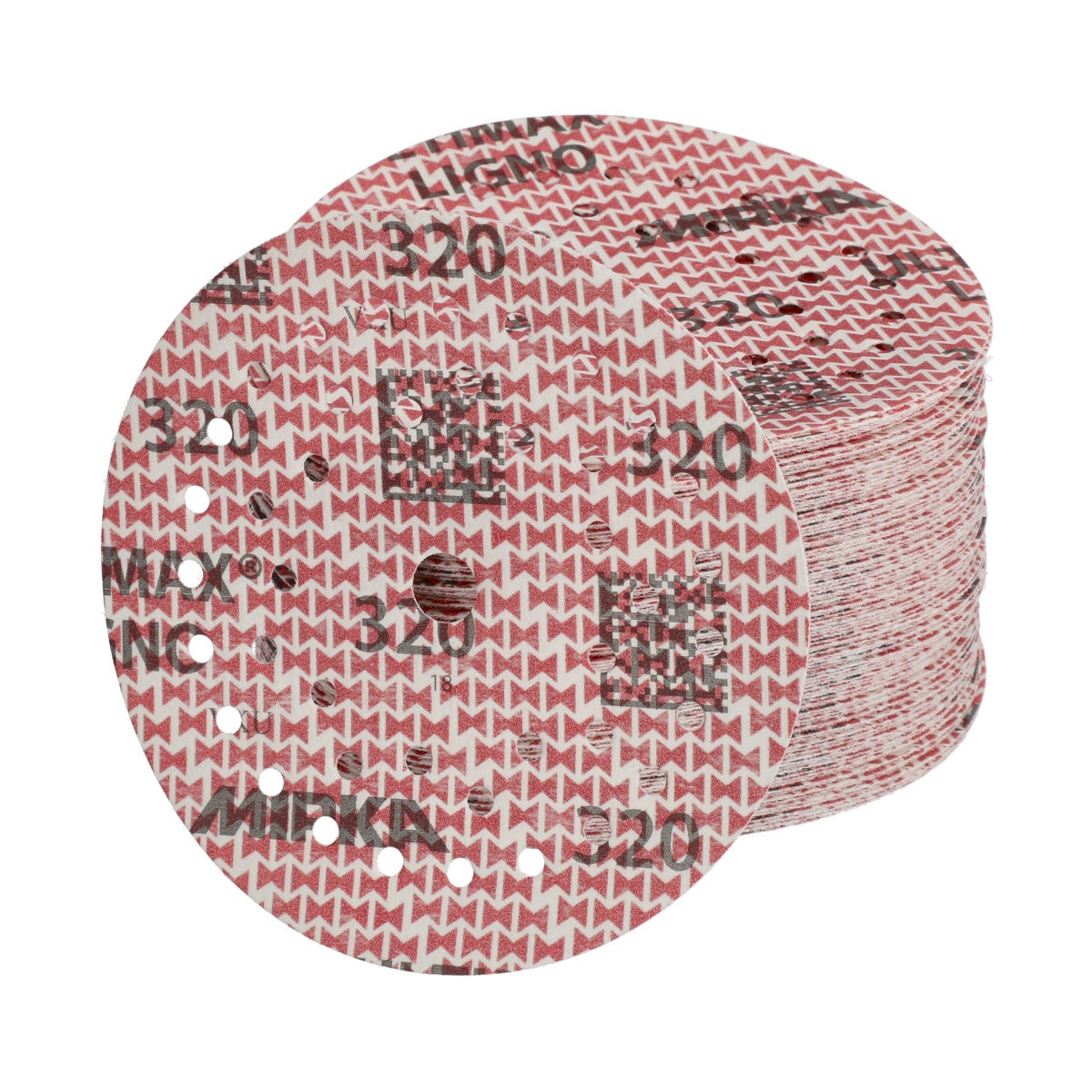 Mirka Ultimax Ligno 5 Inch Multifit Grip Discs stack of 40 grit wood sanding discs for repeated shop and jobsite sanding work