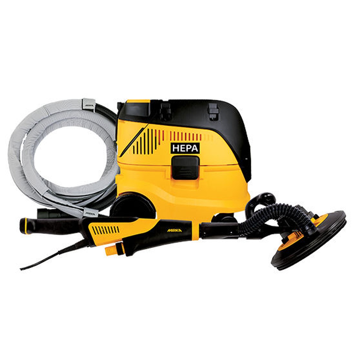 Mirka 9 Inch LEROS Short Drywall Sander Kit with dust extractor and hose setup for dust-free interior drywall sanding and surface finishing