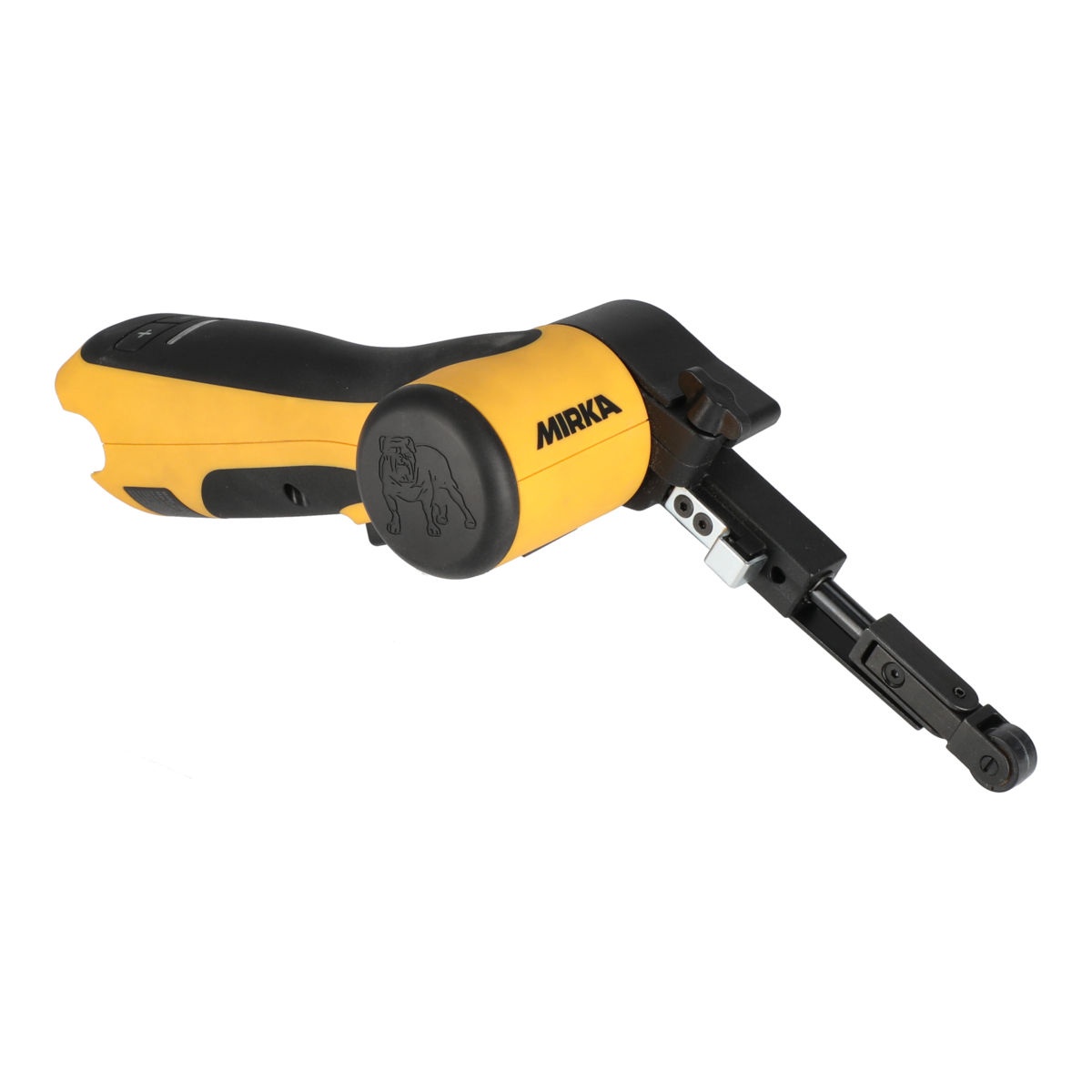 Mirka FBS-B 10 cordless file belt sander side view showing the narrow belt arm for weld seam grinding and spot repair work in automotive metal restoration