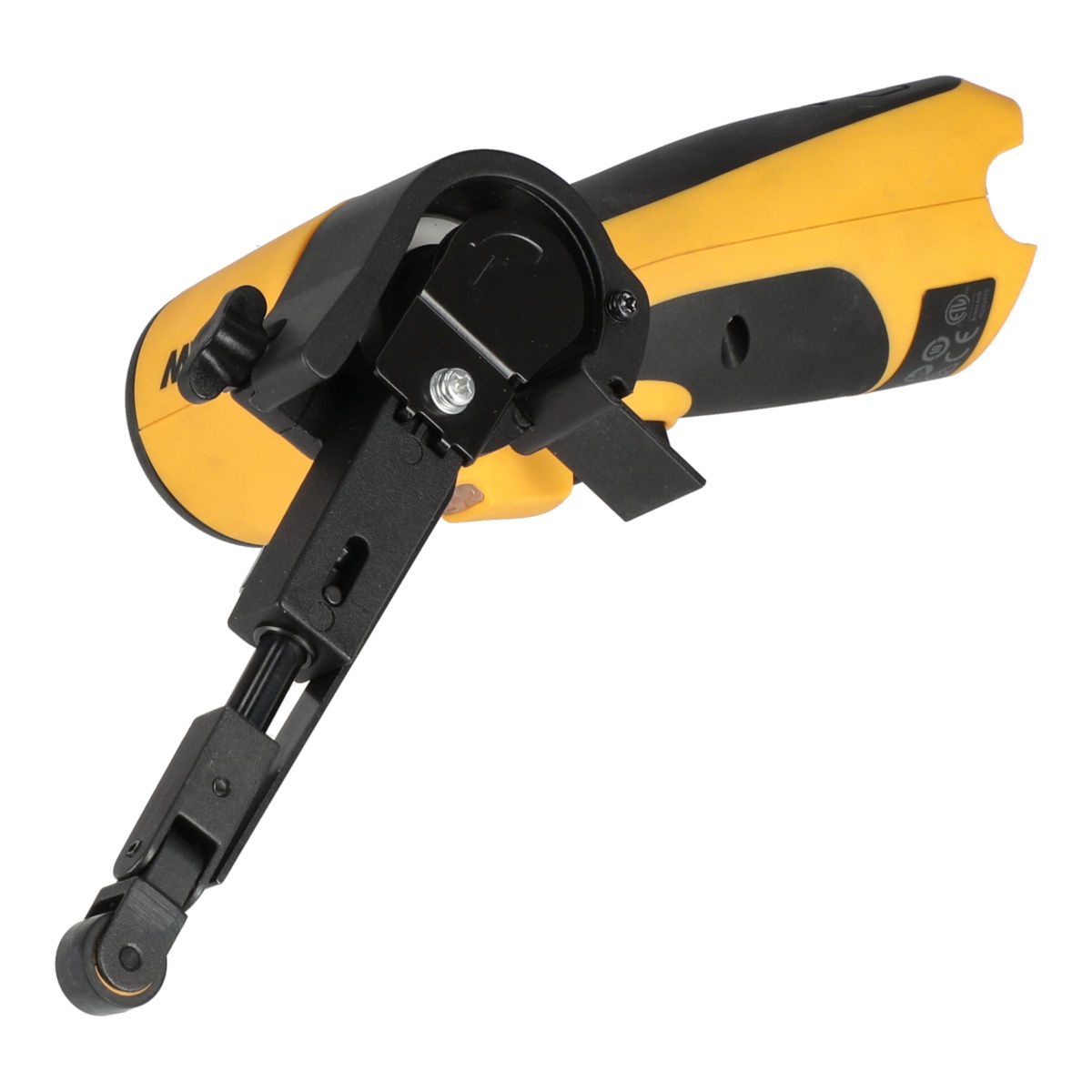 Mirka FBS-B 10 cordless file belt sander detail showing belt arm, spark protection flap, and adjustment area for controlled sanding on automotive repair metal