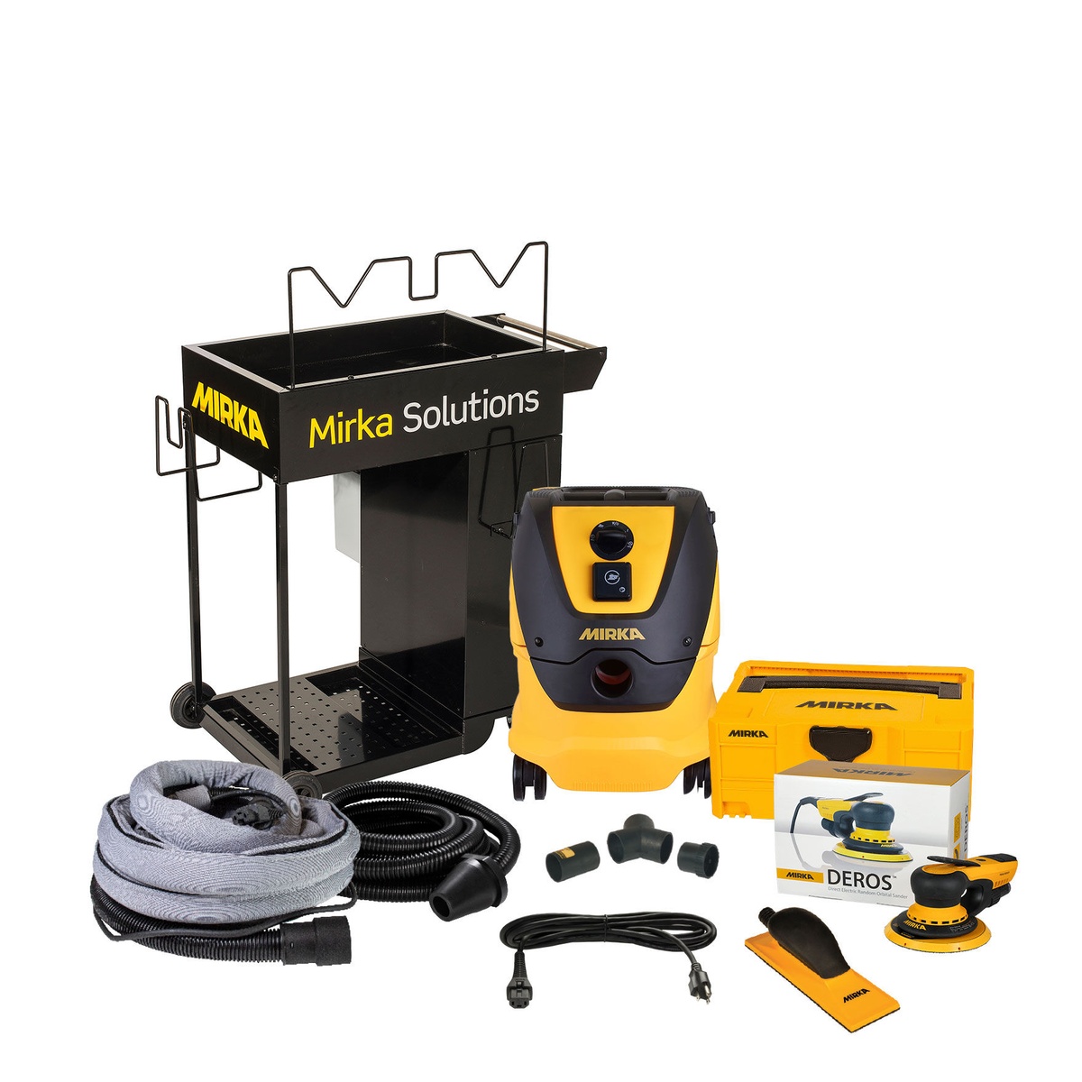 Mirka MUSDF-6CSE 6 inch Dust-Free Cart System electric sanding setup with cart, HEPA dust extractor, hose, cable, and DEROS sander for workshop surface finishing
