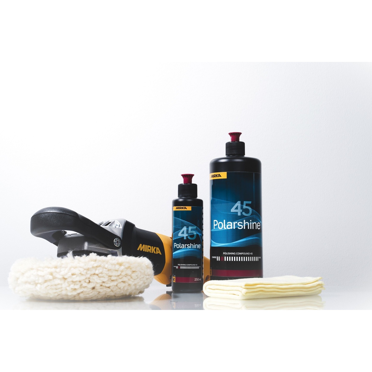 Mirka Polarshine 45 Polishing Compound used with a machine polisher and wool pad for heavy-cut polishing on coated surfaces