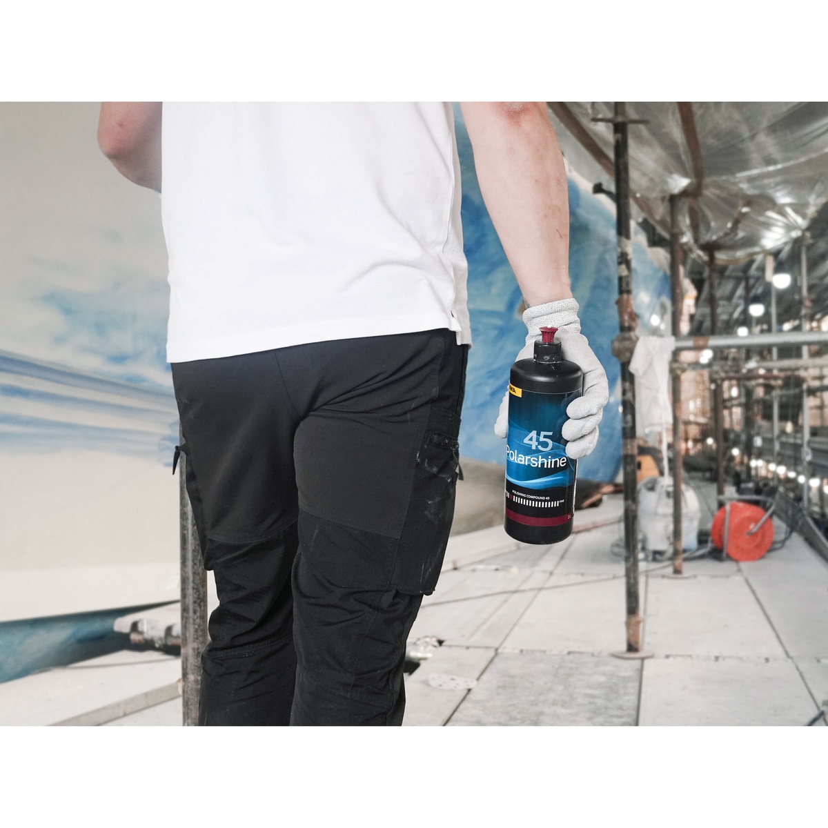 Mirka Polarshine 45 Polishing Compound carried on a marine restoration jobsite for hard surface and gel coat polishing work