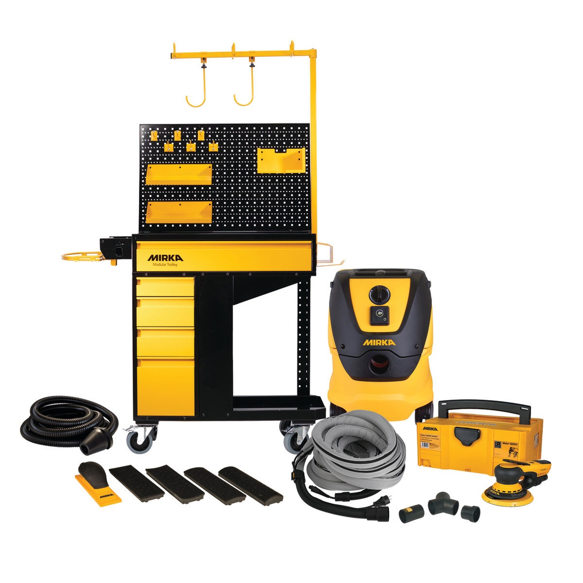 Mirka 6 inch Dust-Free Trolley Pro System electric sanding workstation with DEROS 650 XCV, DE-1230-PC dust extractor, hoses, and storage for shop sanding and dust collection
