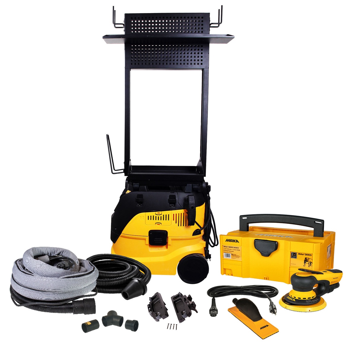 Mirka 6 inch Dust-Free Work Station System electric sanding setup with DEROS sander, dust extraction unit, hose, and workstation components for shop surface preparation