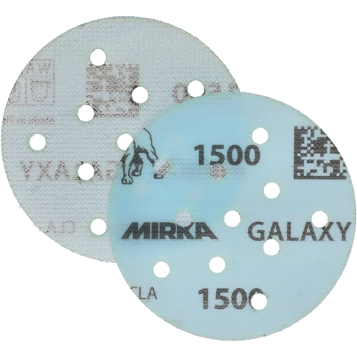 Mirka Galaxy Multifit 3 inch sanding disc front and hook and loop backing showing multi-hole pattern for dust extraction on random orbital sanding pads