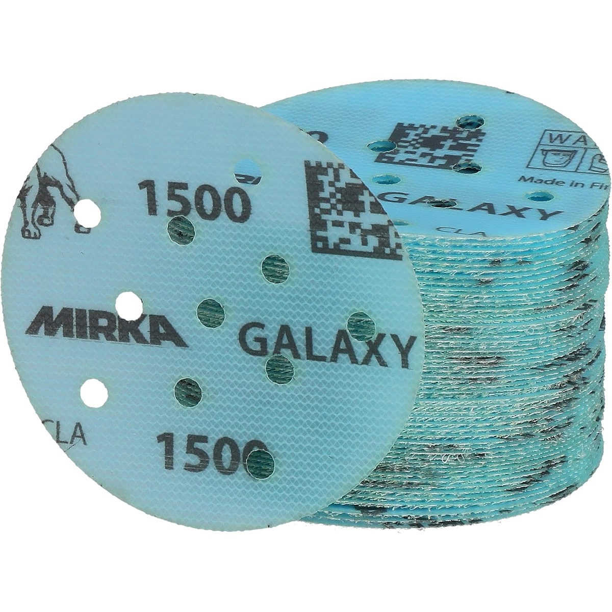 Mirka Galaxy Multifit Sandpaper 3 inch 1500 grit sanding discs stacked for detail sanding and finish prep on coated surfaces, resin, wood, and metal