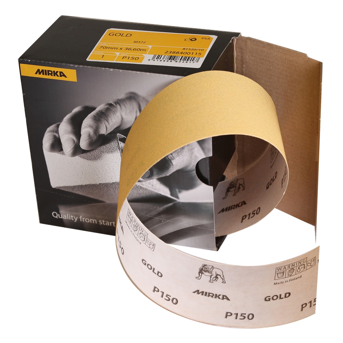 Mirka GOLD 2.75 inch x 120 foot PSA Roll P120 abrasive roll for hand sanding and surface prep in woodworking and auto body shop applications