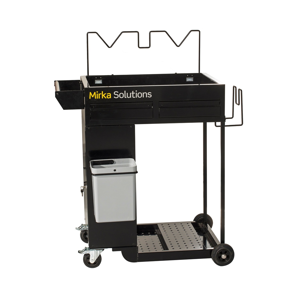 Mirka MAI-CART-912 Smart Cart/Solution Trolley with upper tray, drawers, cabinet, and waste bin in a workshop organization setup