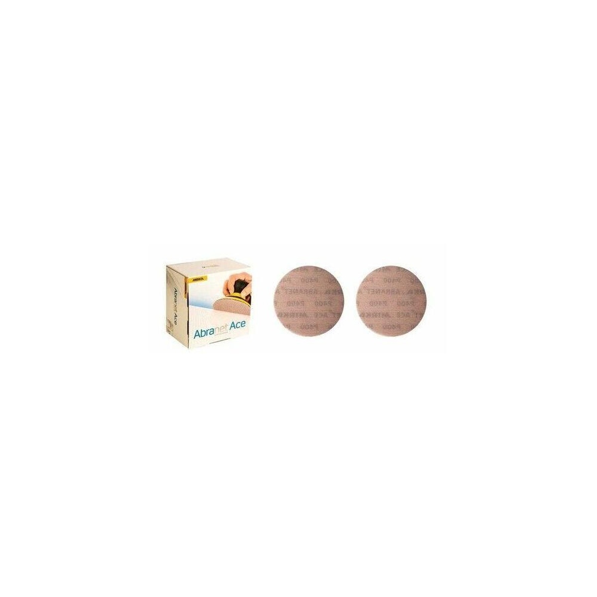 Mirka AC-241-400 Abranet Ace 6 in. Mesh Grip Disc sanding discs and box for fine sanding and surface prep in woodworking and automotive refinishing